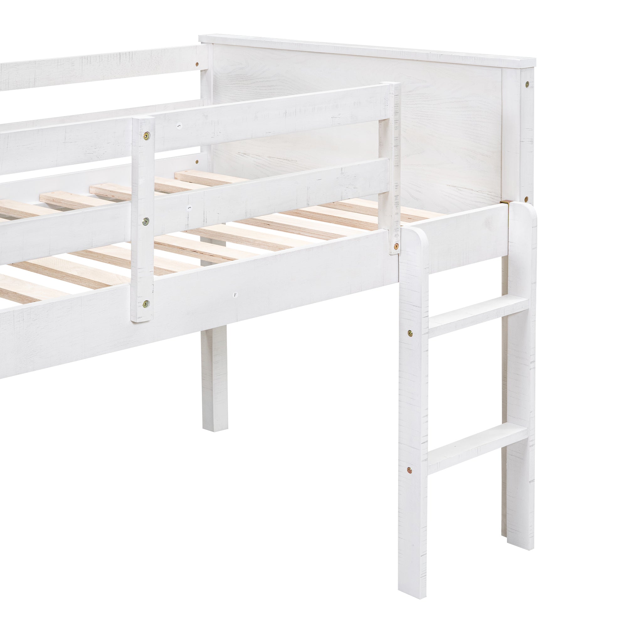 Wood Twin Size Loft Bed with Hanging Clothes Racks, White