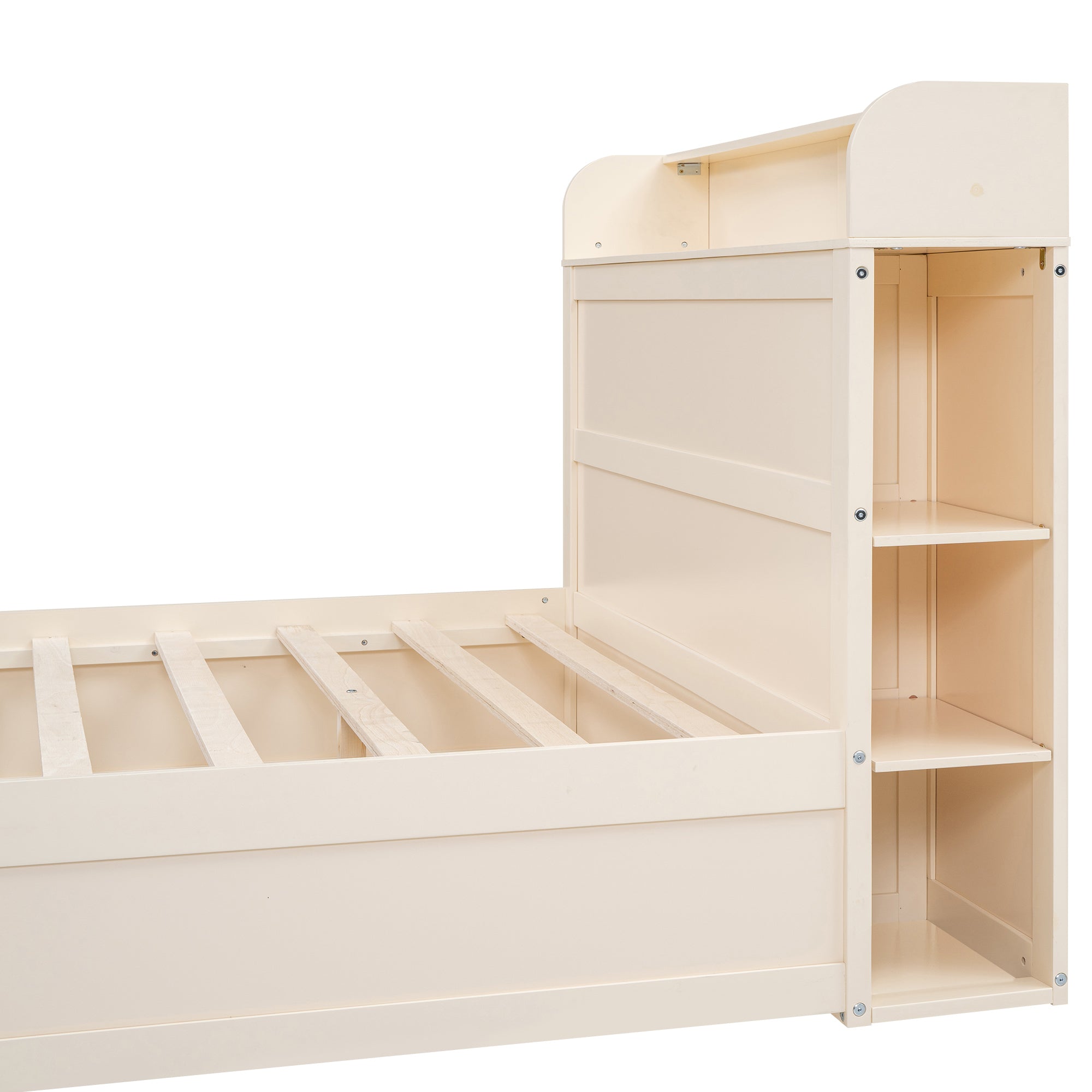 Full Size Platform Bed with Storage Headboard and a Big Drawer, Cream