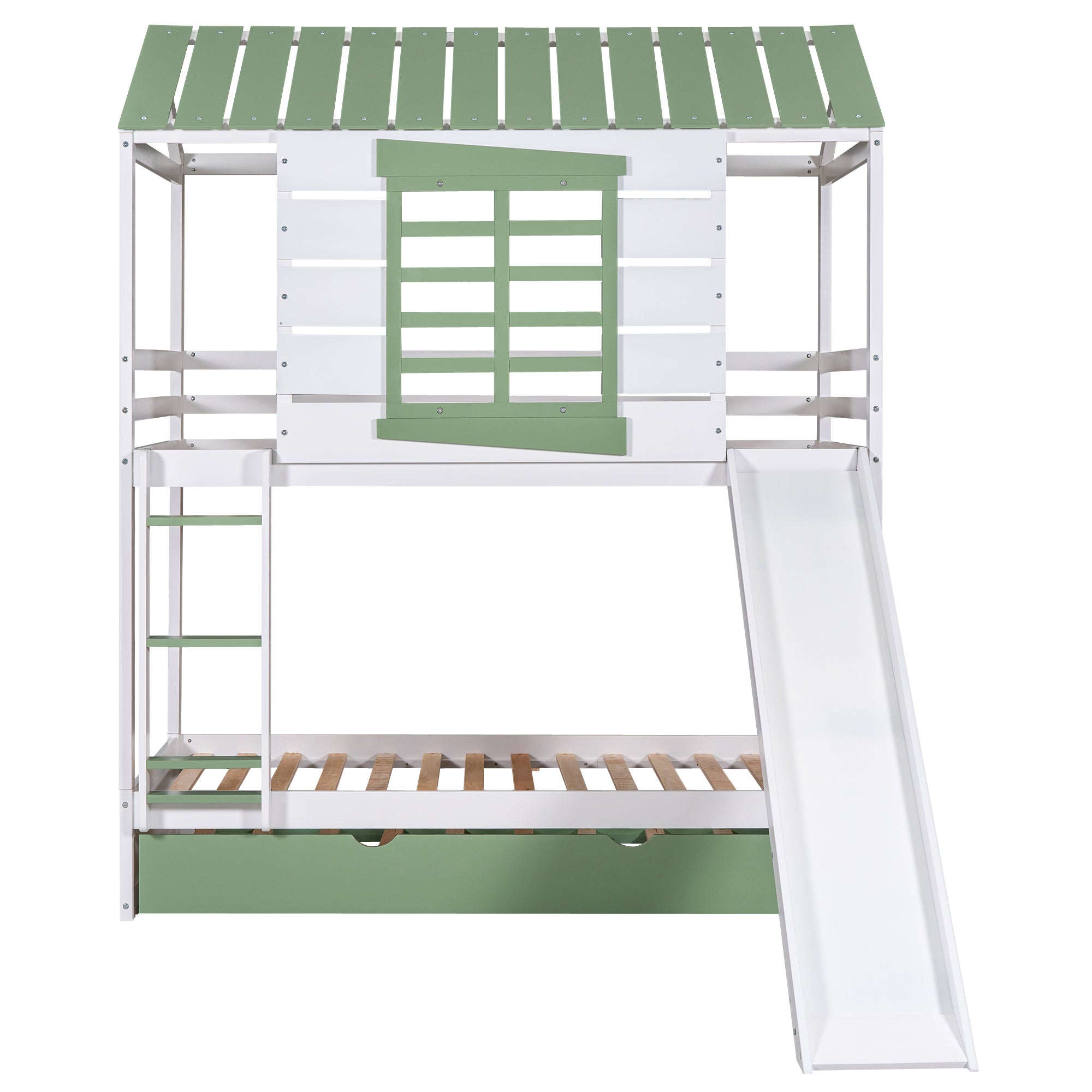 Twin over Twin Size House Bunk Bed with Convertible Slide and Trundle, White+Green - Atlantic Fine Furniture Melbourne FL