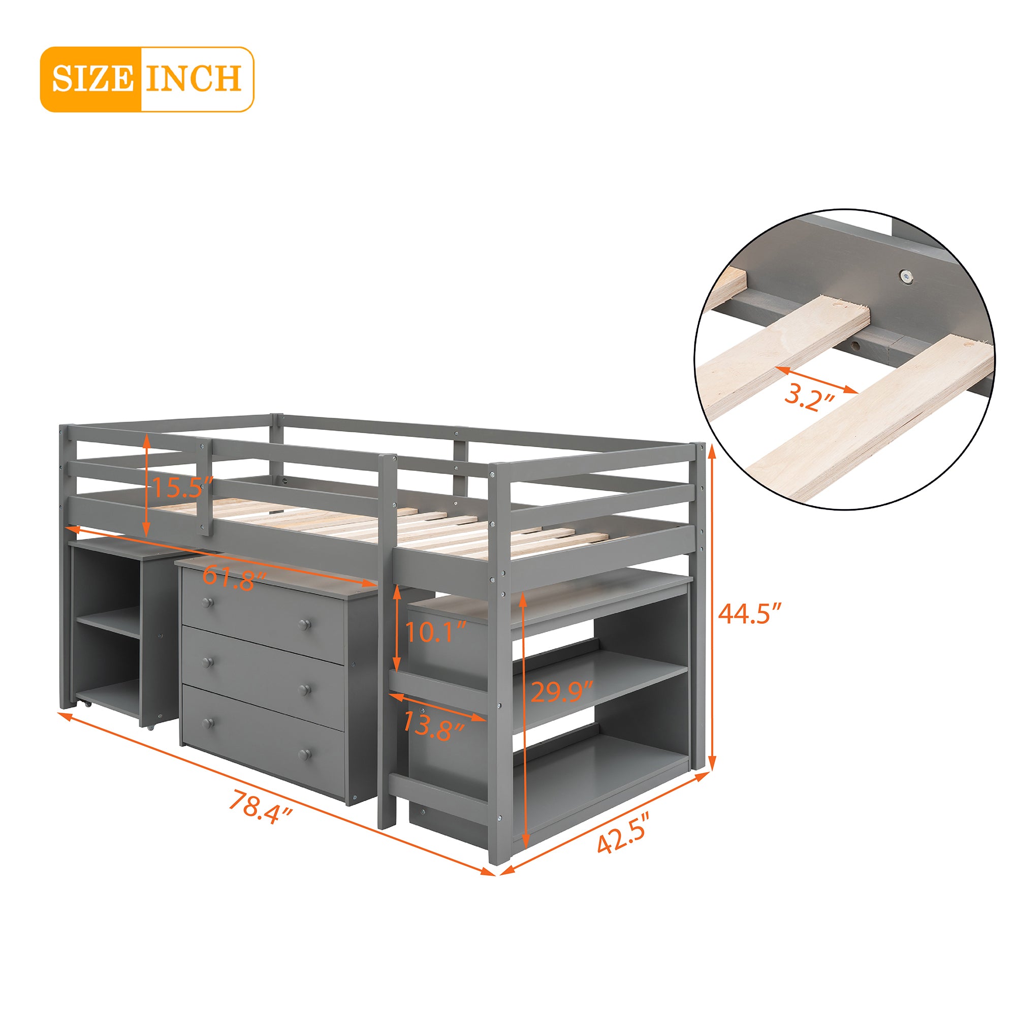 Low Study Twin Loft Bed with Cabinet and Rolling Portable Desk - Gray (OLD SKU :LP000113AAE) - Atlantic Fine Furniture Melbourne FL