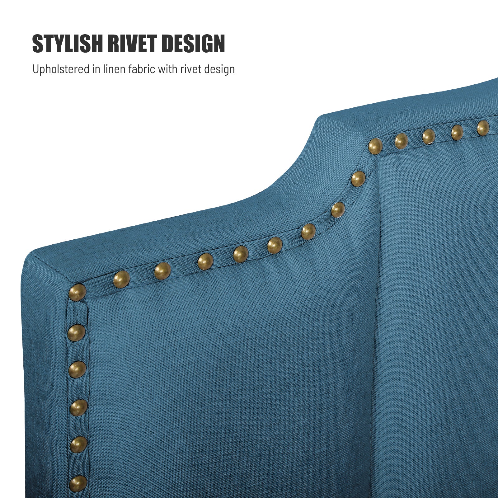 Queen Size Upholstered Platform Bed Linen Bed Frame with 2 Drawers Stitched Padded Headboard with Rivets Design Strong Bed Slats System No Box Spring Needed Blue - Atlantic Fine Furniture Melbourne FL
