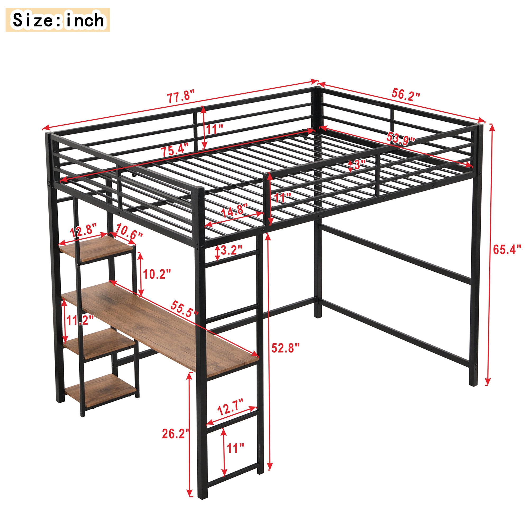 Full Size Metal Loft Bed with Built-in Desk and Storage Shelves, Black