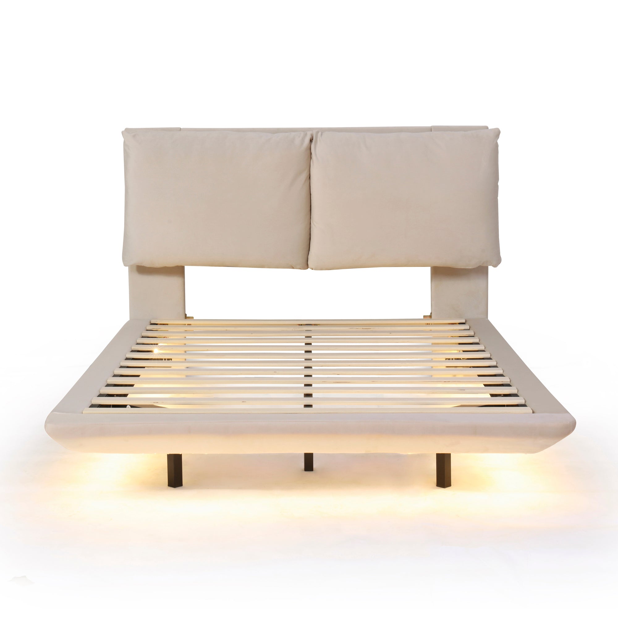 Full Size Upholstered Platform Bed with Sensor Light and 2 Large Backrests, Stylish Platform Bed with 2 sets of USB Port and Socket on each rear Bed Leg, Beige - Atlantic Fine Furniture Melbourne FL