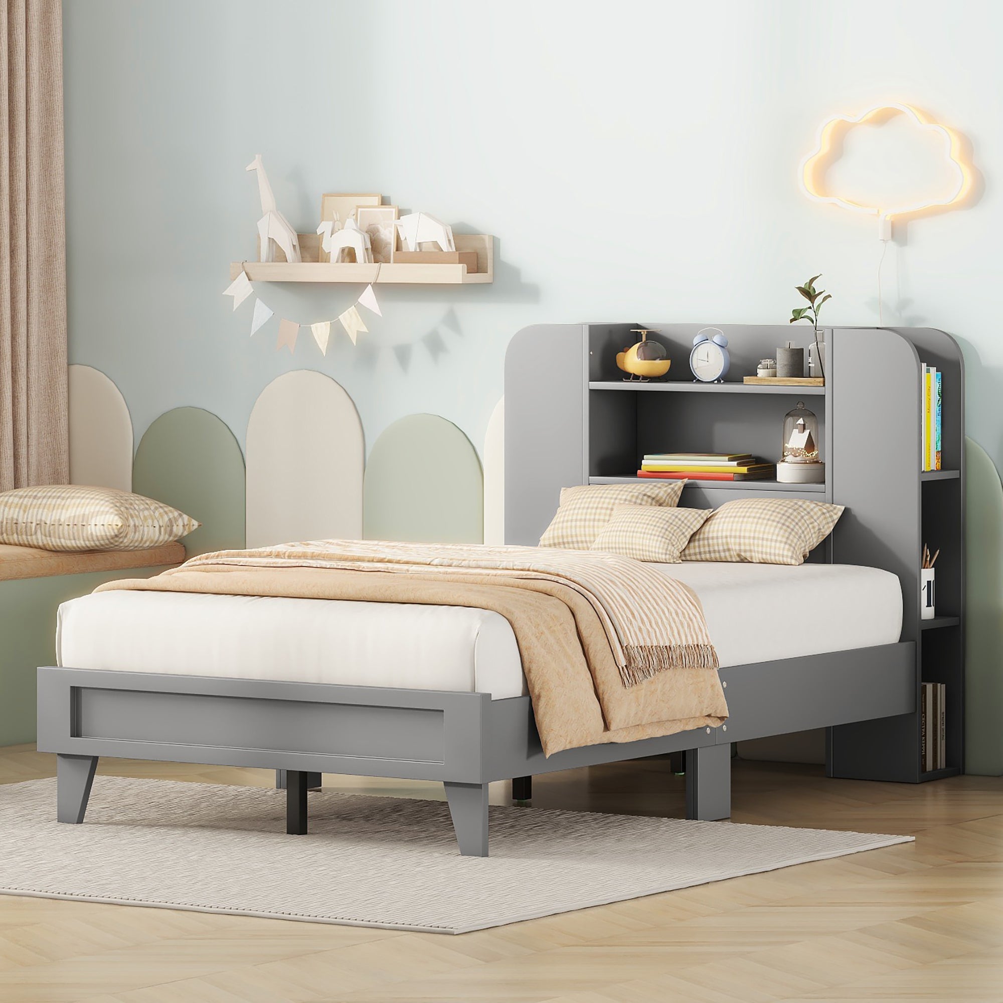 Twin Size Platform Bed with Storage Headboard,Multiple Storage Shelves on Both Sides,Grey - Atlantic Fine Furniture Melbourne FL