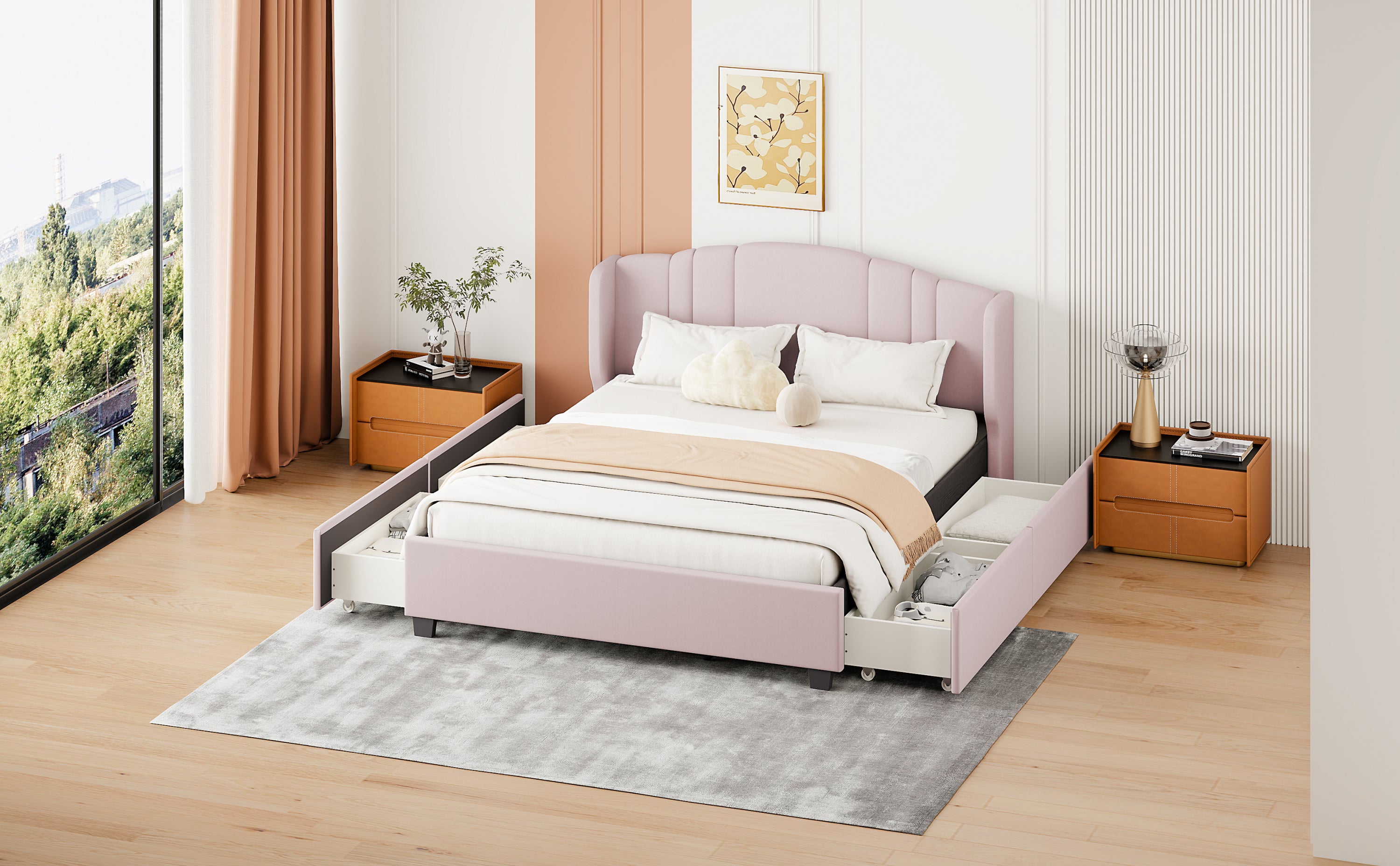 Upholstered Platform Bed with Wingback Headboard and 4 Drawers, No Box Spring Needed, Linen Fabric, Queen Size Pink - Atlantic Fine Furniture Melbourne FL