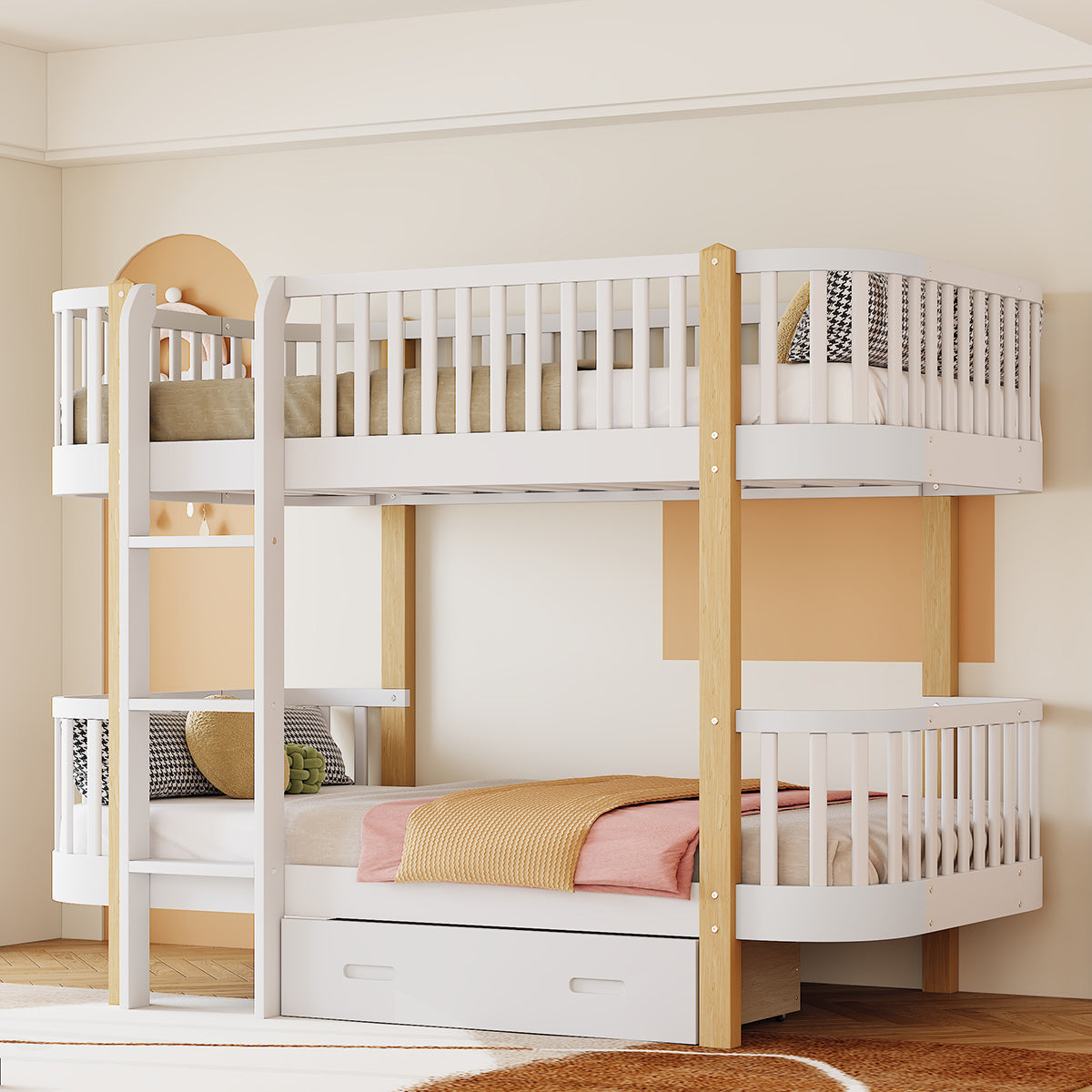 Wood Twin over Twin Bunk Bed with Fence Guardrail and a Big Drawer, White - Atlantic Fine Furniture Melbourne FL