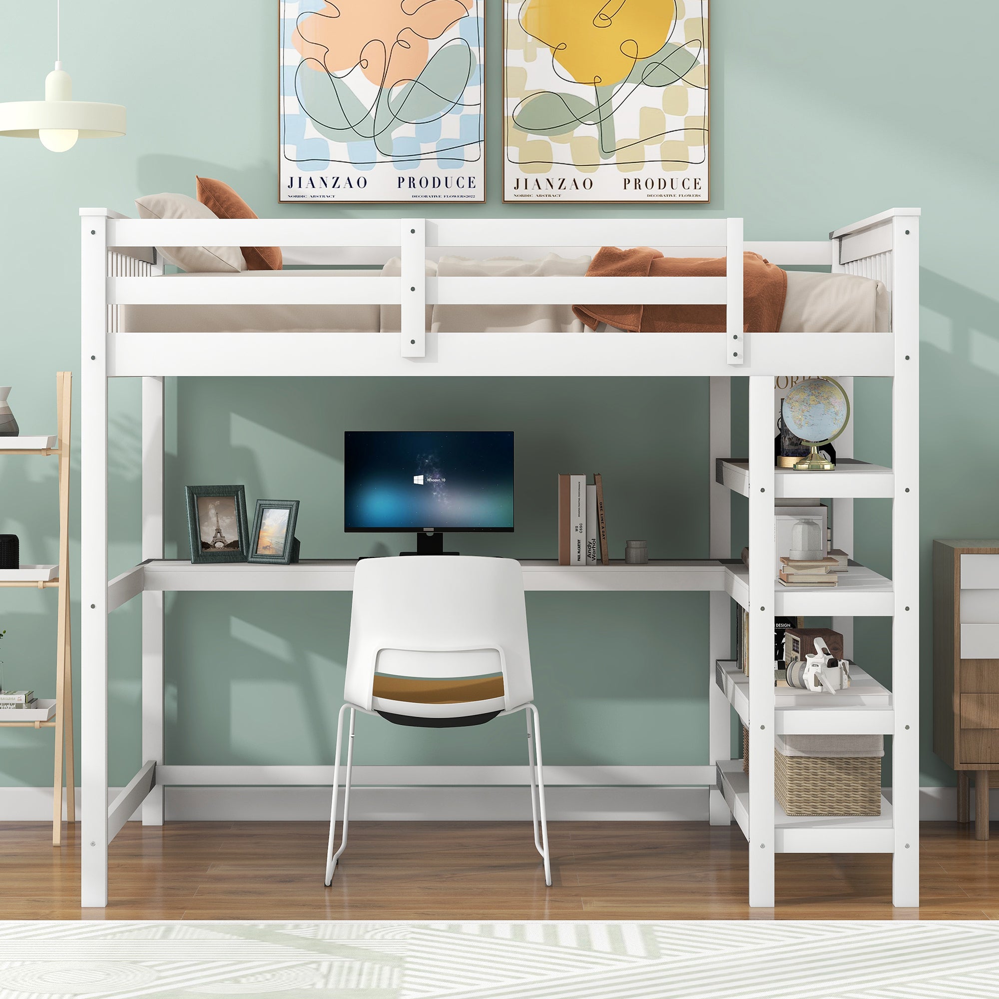 Full Size Loft Bed with Storage Shelves and Under-bed Desk, White