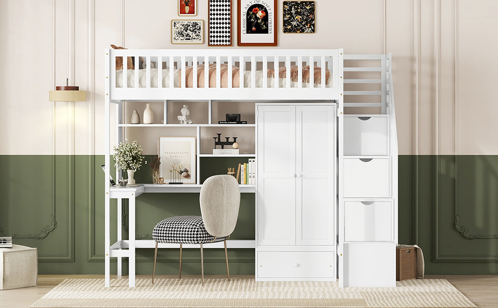 Twin size Loft Bed with Bookshelf,Drawers,Desk,and Wardrobe-White - Atlantic Fine Furniture Melbourne FL