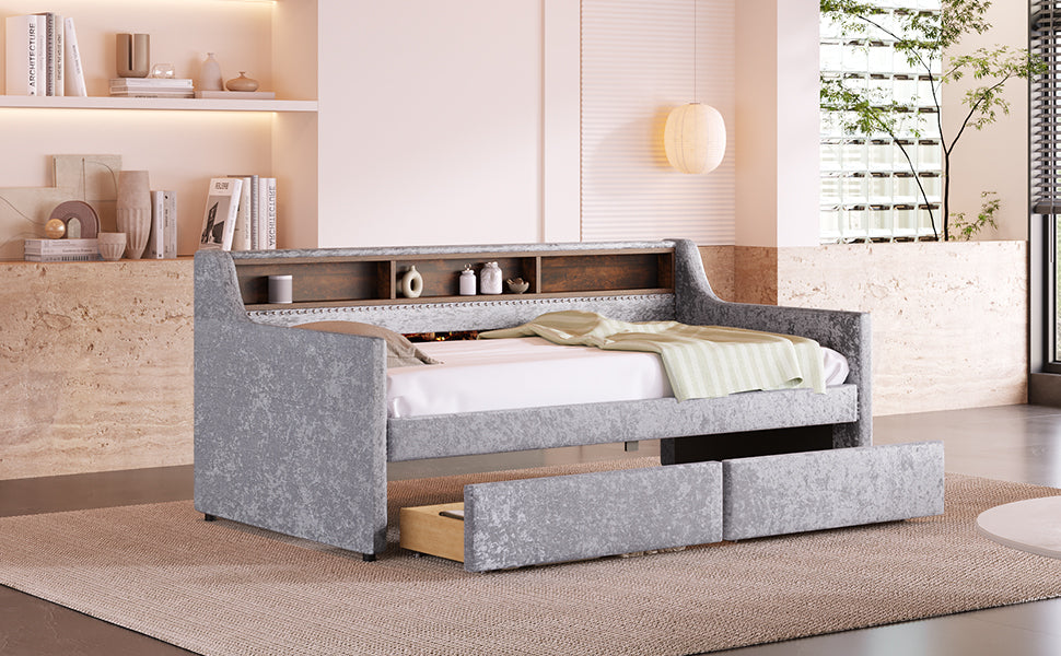 Twin Size Snowflake Velvet Daybed with Two Storage Drawers and Built-in Storage Shelves,Gray - Atlantic Fine Furniture Melbourne FL