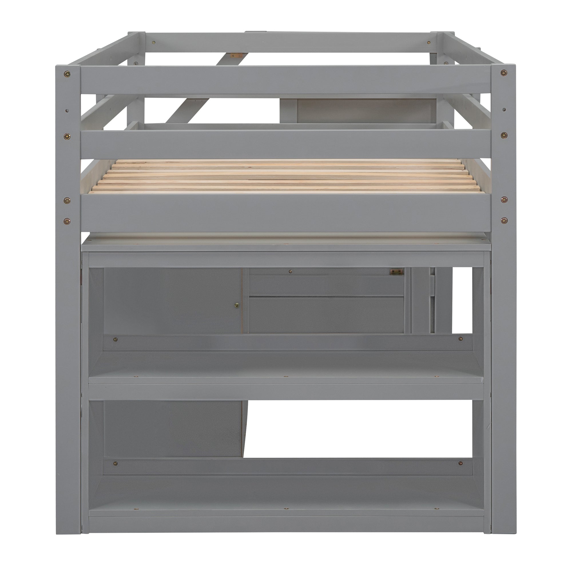 Twin Size Loft Bed with Retractable Writing Desk and 3 Drawers, Wooden Loft Bed with Storage Stairs and Shelves, Gray - Atlantic Fine Furniture Melbourne FL