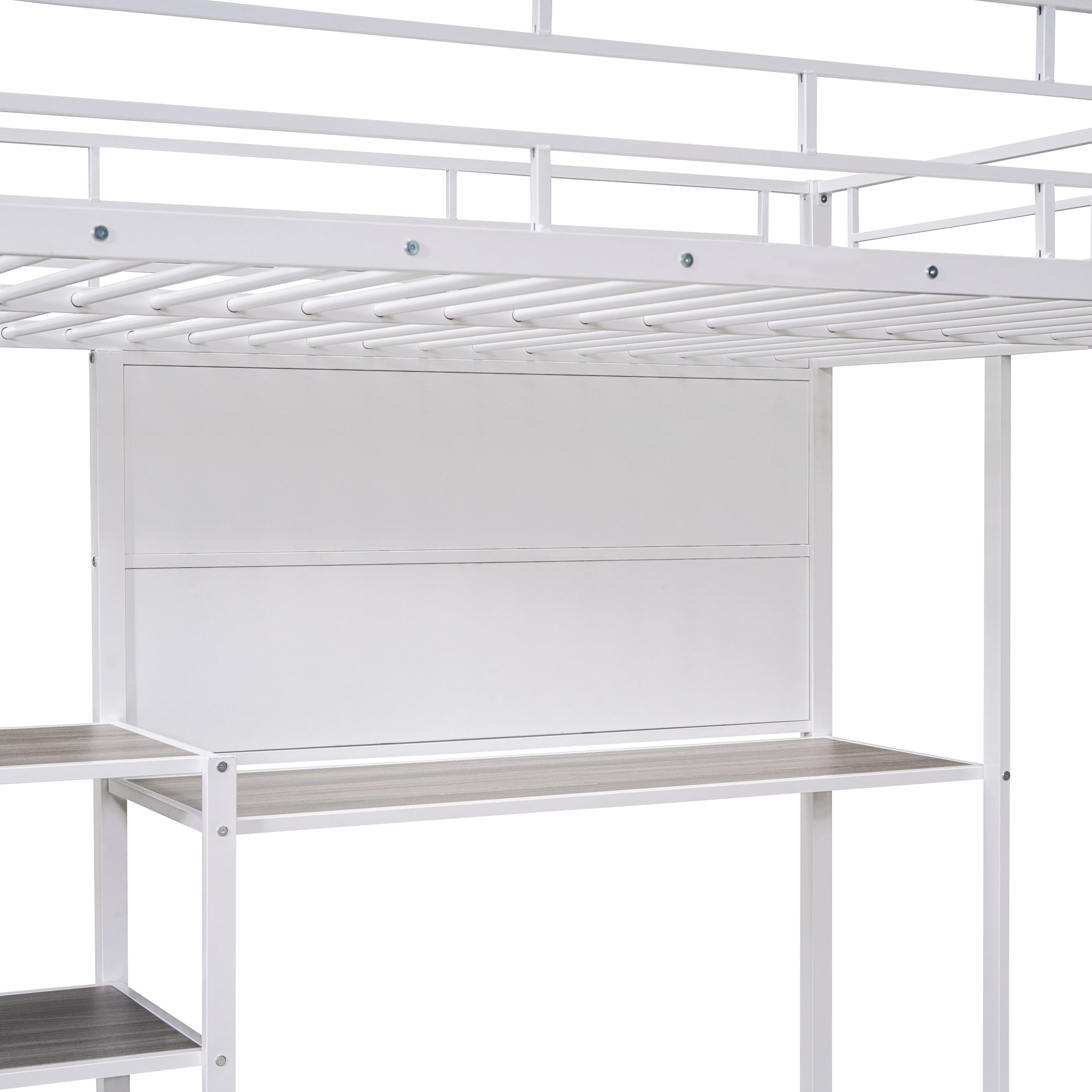 Full Size Loft Bed with Desk and Whiteboard, Metal Loft Bed with 3 Shelves and Ladder, White - Atlantic Fine Furniture Melbourne FL