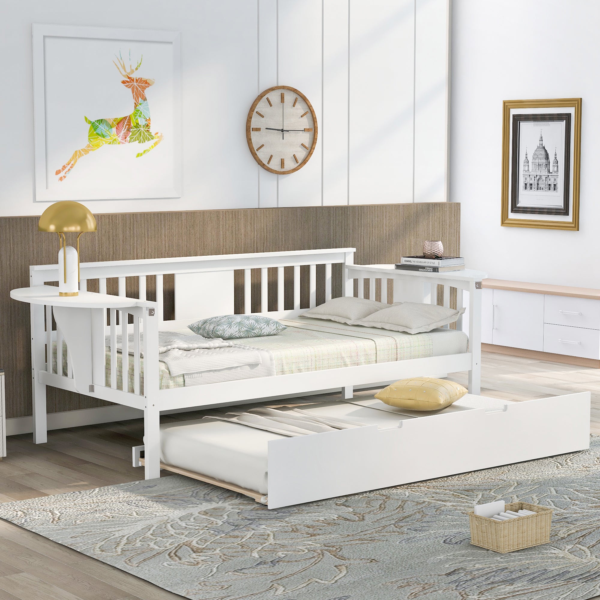 Twin Wooden Daybed with Trundle Bed , Sofa Bed for Bedroom Living Room, White - Atlantic Fine Furniture Melbourne FL