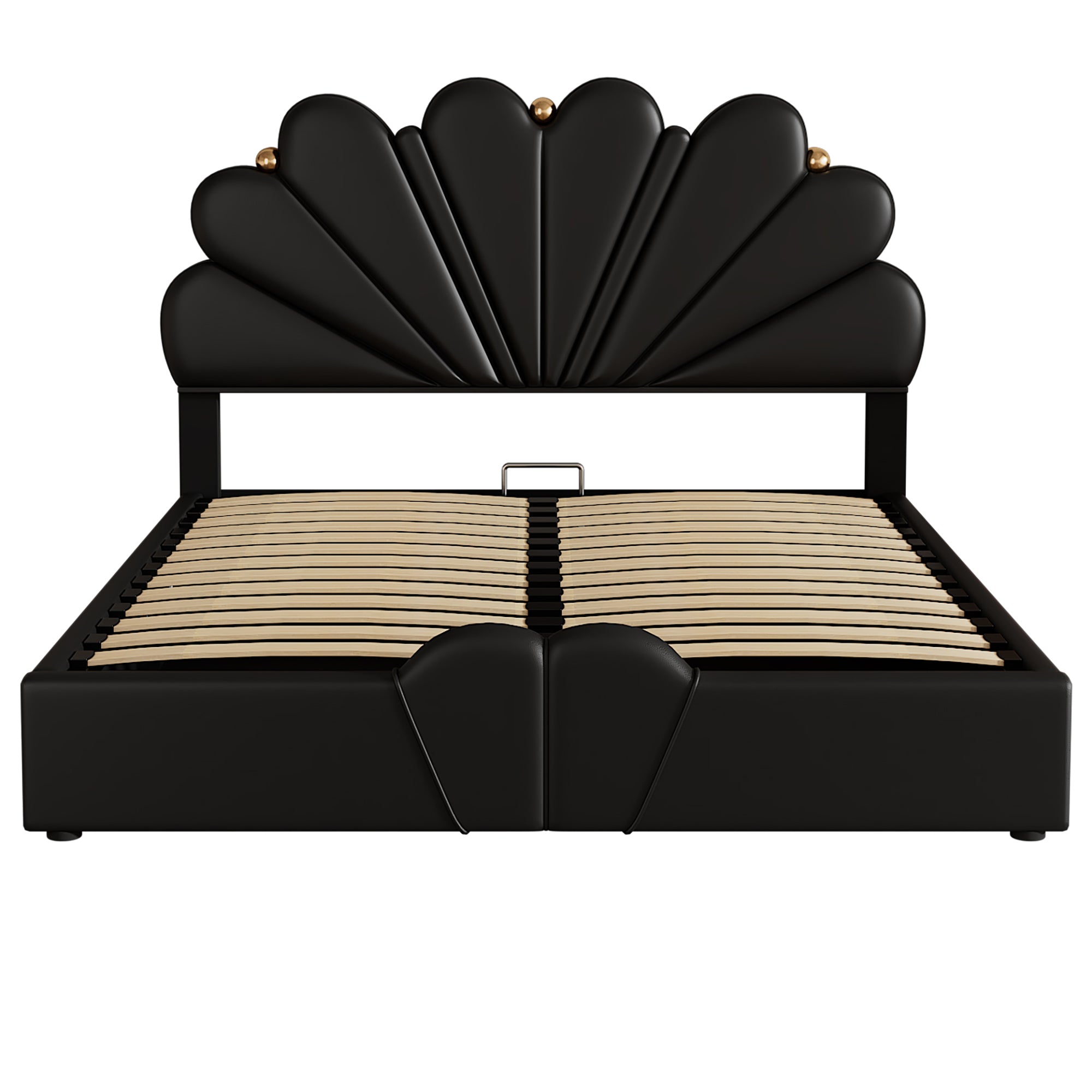 Queen Size Upholstered Petal Shaped Platform Bed with Hydraulic Storage System, PU Storage Bed, Decorated with metal balls, Black - Atlantic Fine Furniture Melbourne FL