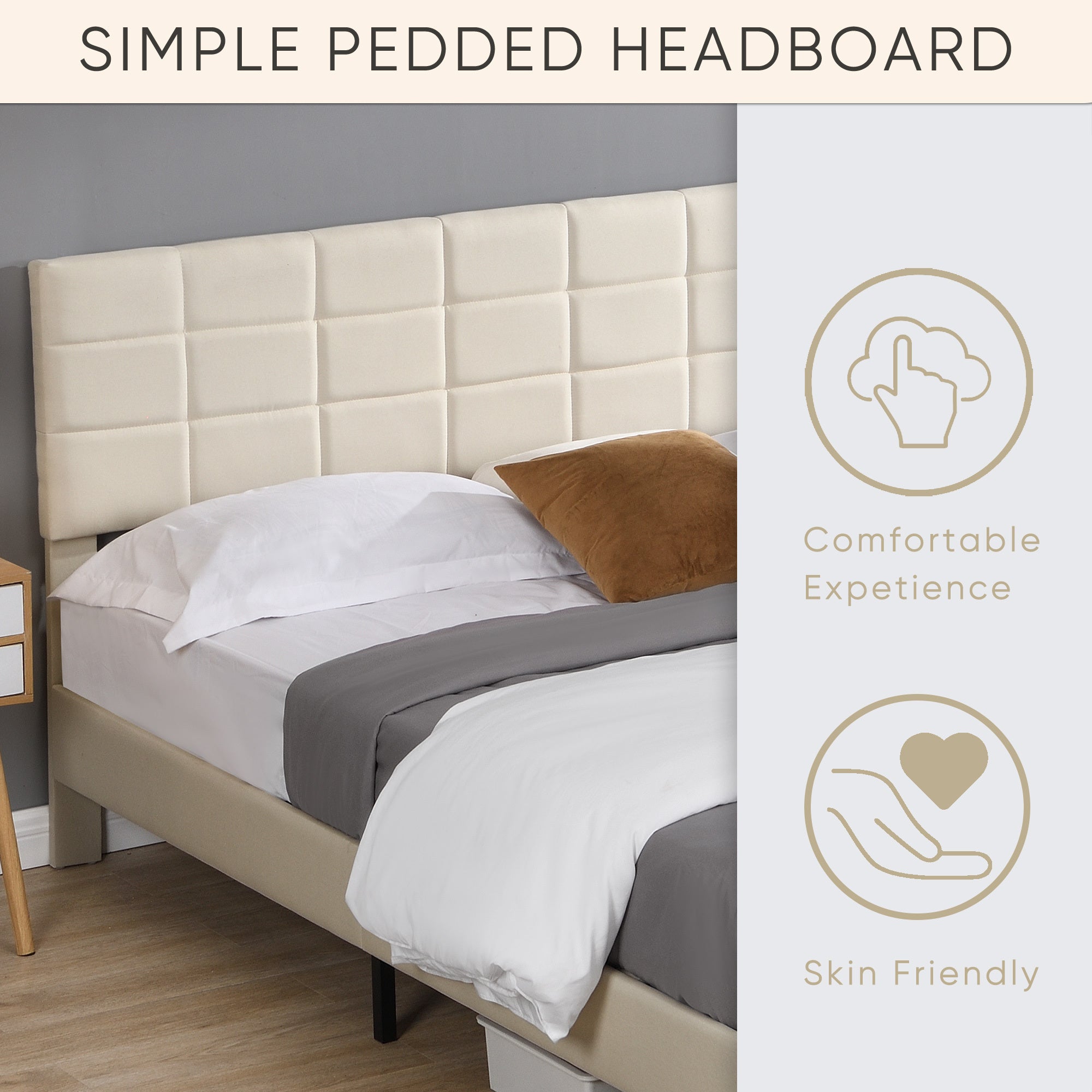 King Size Platform Bed Frame with Fabric Upholstered Headboard and Wooden Slats, No Box Spring Needed/Easy Assembly, Dark Beige - Atlantic Fine Furniture Melbourne FL