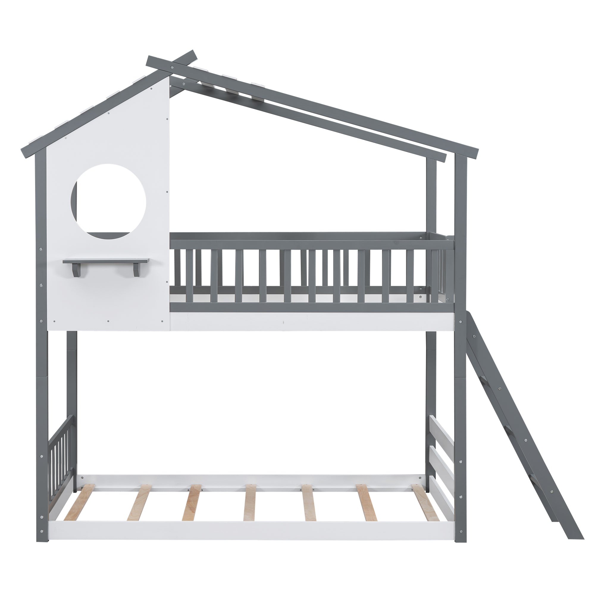 Twin Over Twin Bunk Bed Wood Bed with Roof, Window, Ladder,Gray(OLD SKU :LT100008AAE) - Atlantic Fine Furniture Melbourne FL