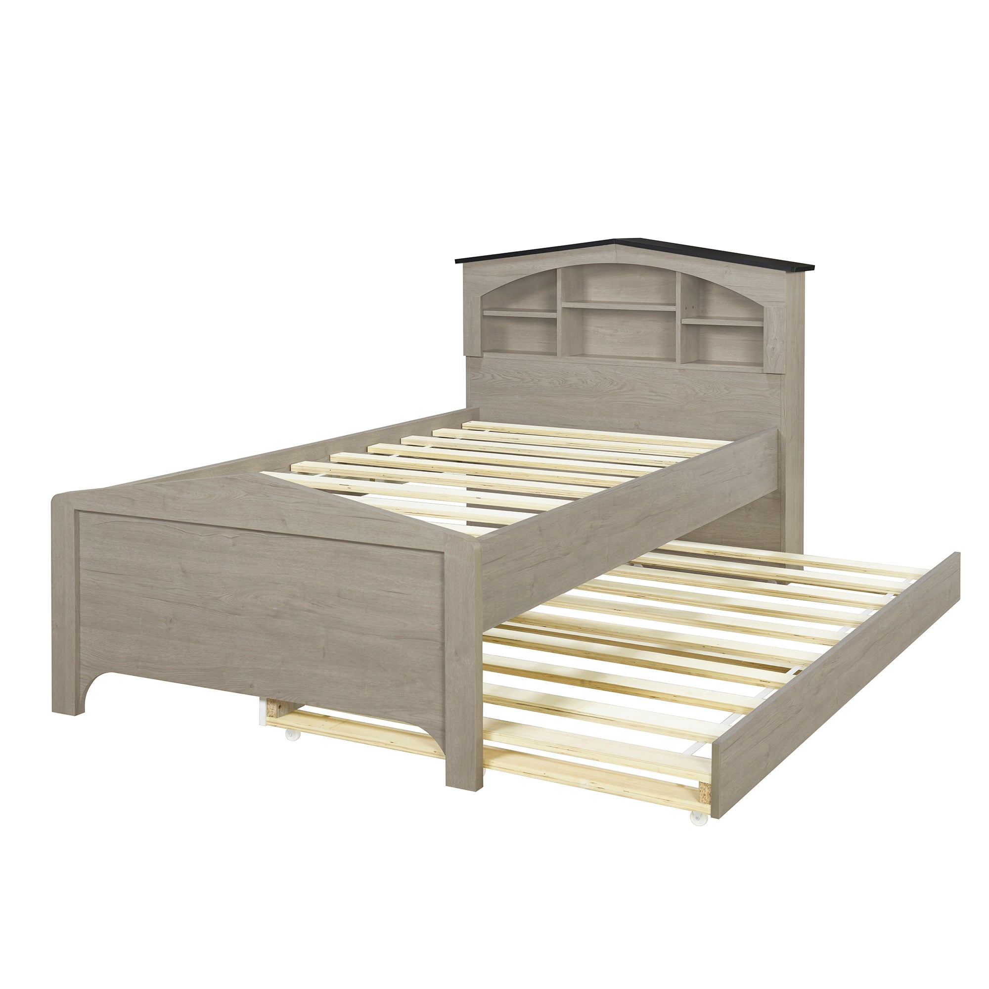 Twin Size Wood Platform Bed with House-shaped Storage Headboard and Trundle, Gray - Atlantic Fine Furniture Melbourne FL