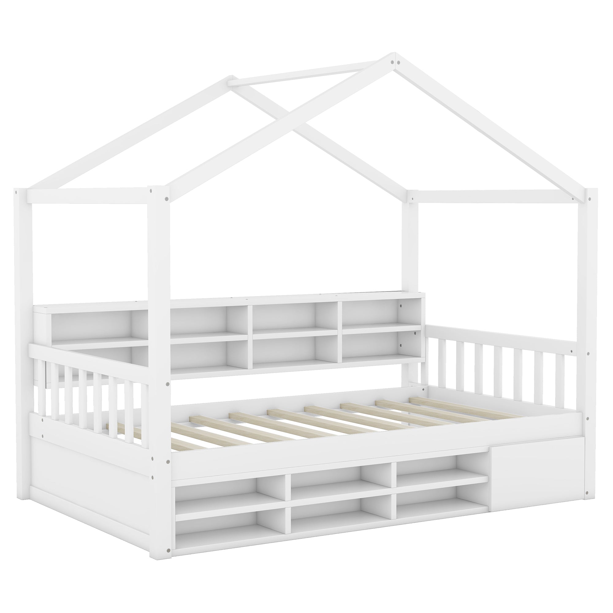 Twin Size Wooden House Bed with Shelves and a Mini-cabinet, White - Atlantic Fine Furniture Melbourne FL