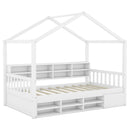 Twin Size Wooden House Bed with Shelves and a Mini-cabinet, White