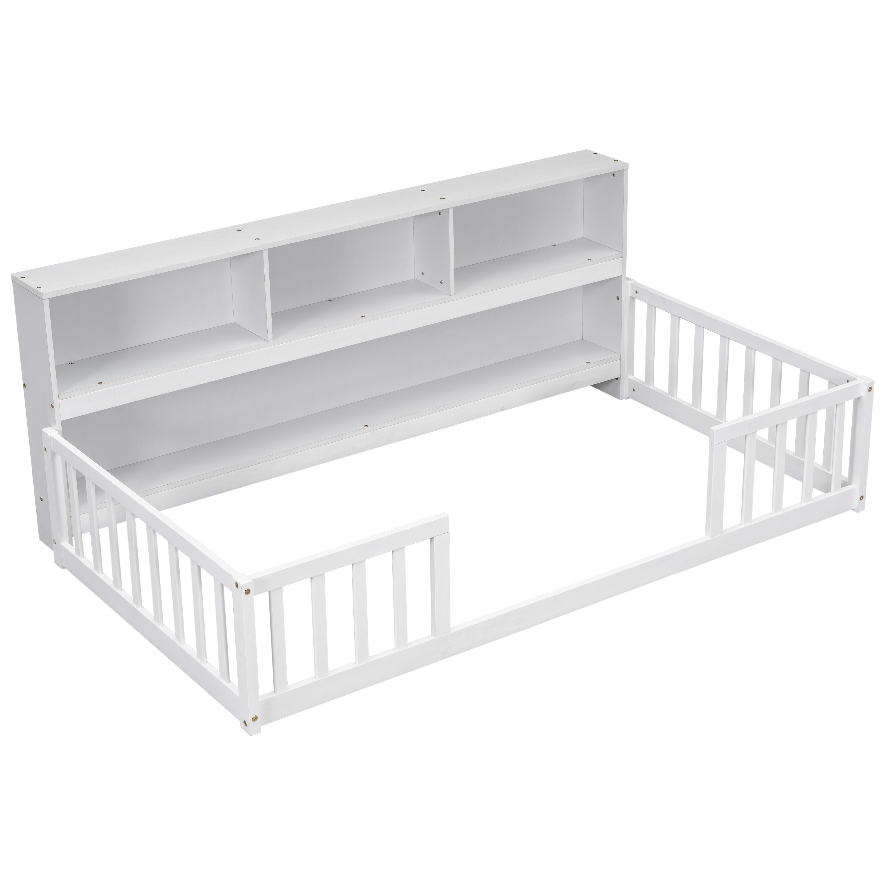 Twin Floor Bed with Bedside Bookcase,Shelves,Guardrails,White