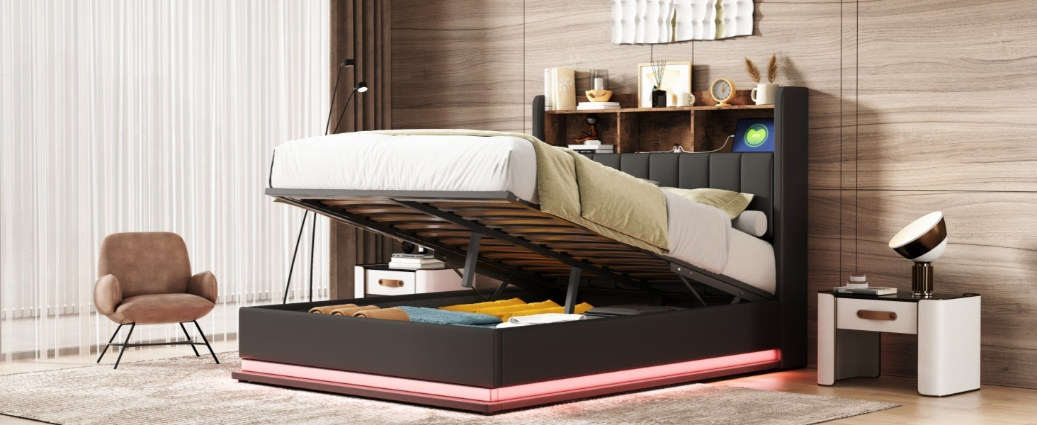 Full Size Upholstered Platform Bed with Storage Headboard and Hydraulic Storage System, PU Storage Bed with LED Lights and USB charger, Black - Atlantic Fine Furniture Melbourne FL