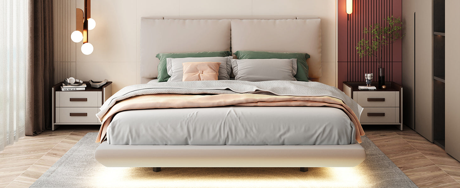 Queen Size Upholstered Platform Bed with Sensor Light and 2 Large Backrests, Stylish Platform Bed with 2 sets of USB Port and Socket on each rear Bed Leg, Beige - Atlantic Fine Furniture Melbourne FL