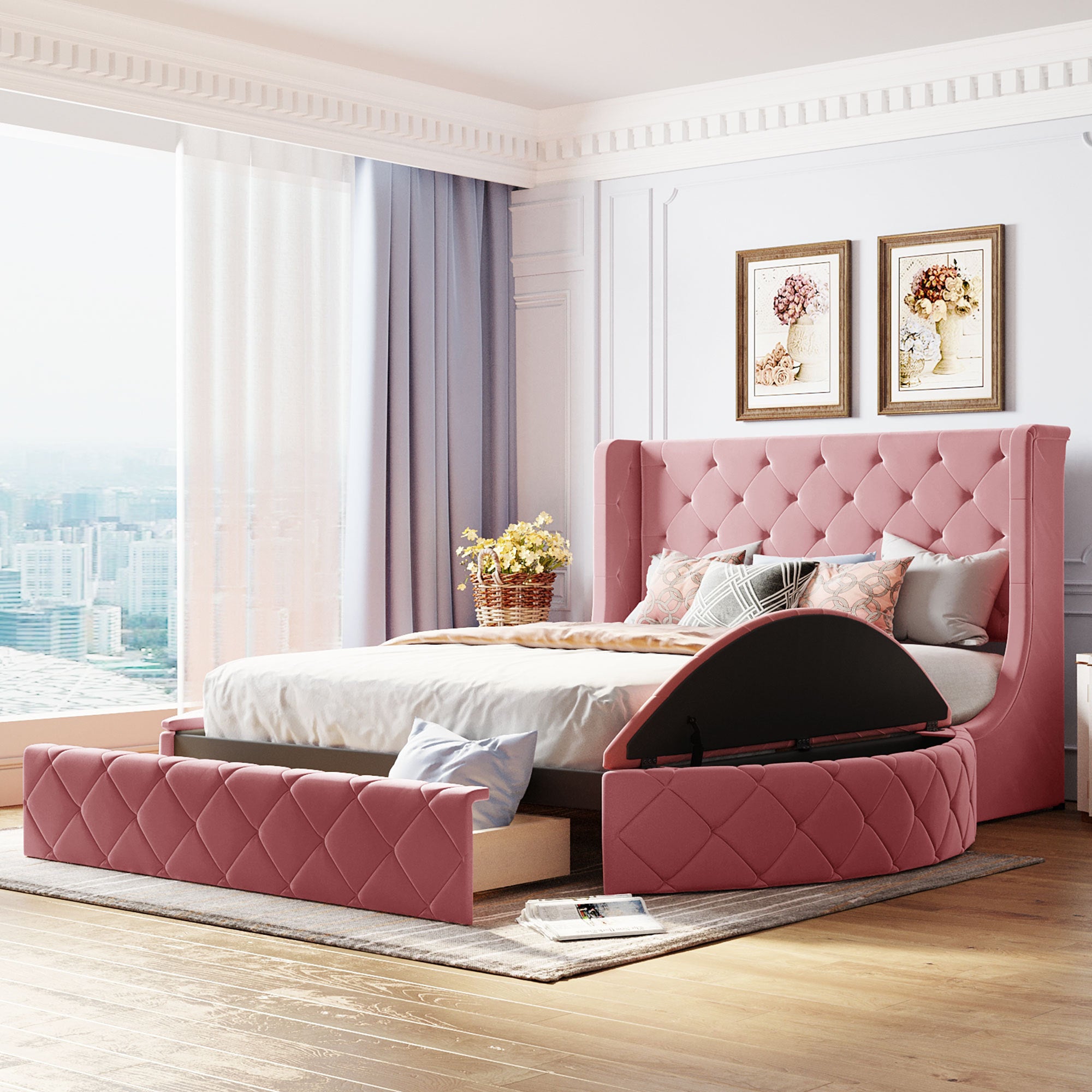 Upholstered Platform Bed Queen Size Storage Velvet Bed with Wingback Headboard and 1 Big Drawer,2 Side Storage Stool(Pink) - Atlantic Fine Furniture Melbourne FL