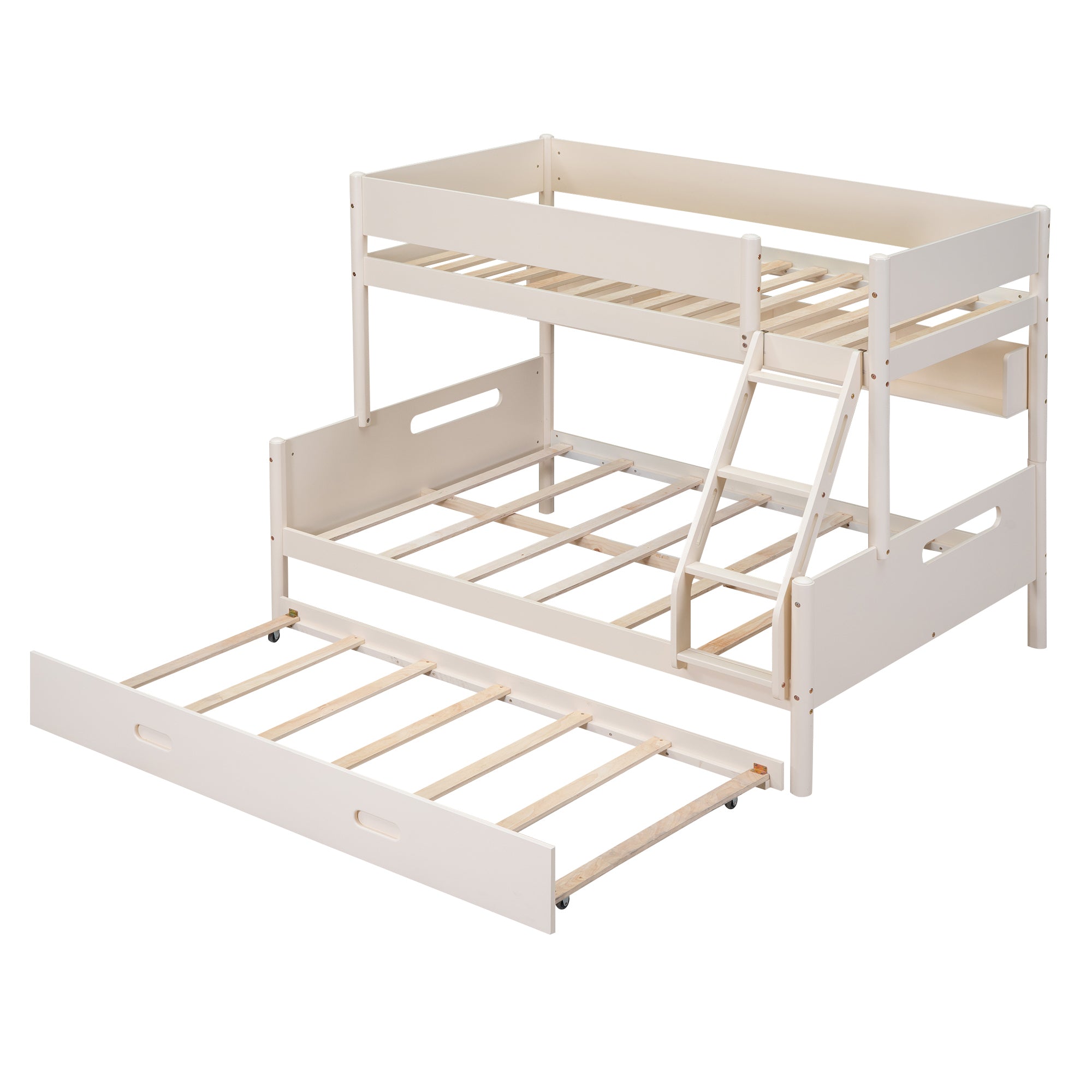 Wood Twin over Full Bunk Bed with Storage Shelves and Twin Size Trundle, Cream - Atlantic Fine Furniture Melbourne FL