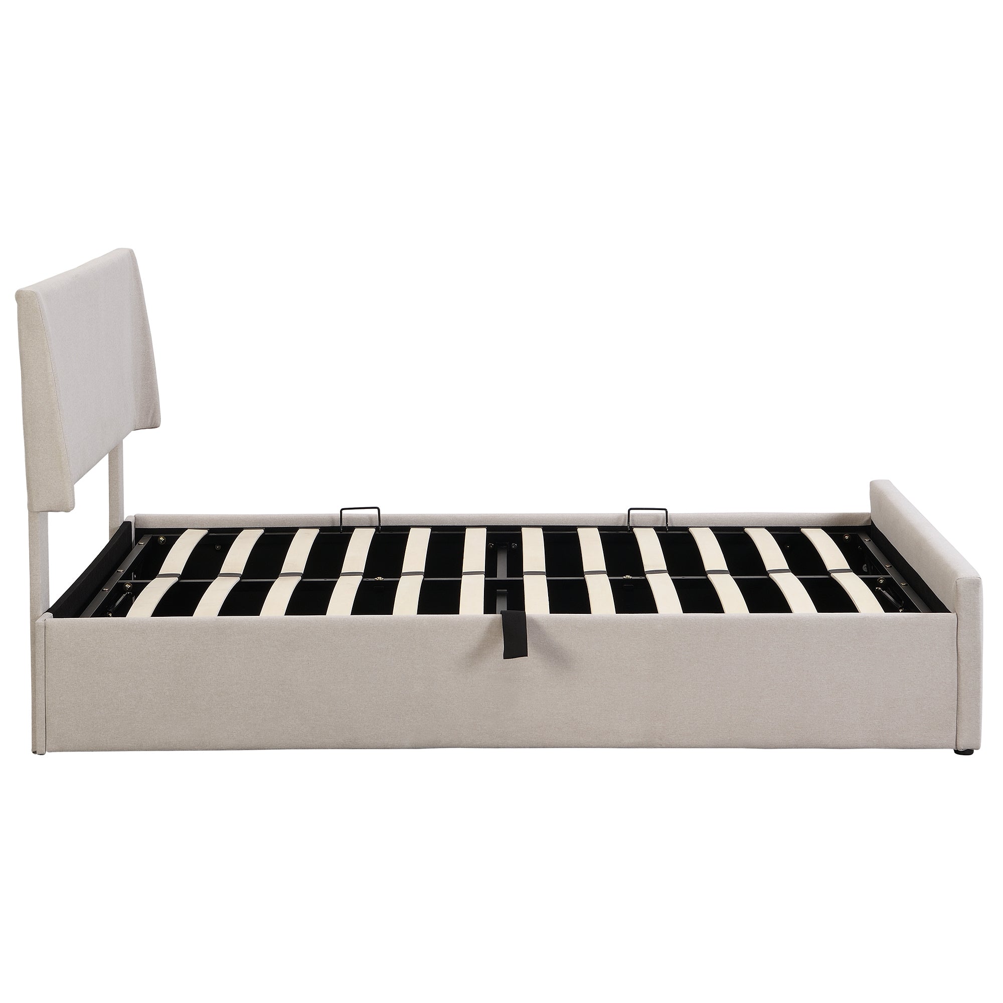 Full Size Sleigh Bed with Side-Tilt Hydraulic Storage System, Linen Upholstery, Beige - Atlantic Fine Furniture Melbourne FL