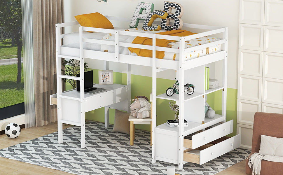 Twin Size Loft Bed with Built-in Desk with Two Drawers, and Storage Shelves and Drawers,White - Atlantic Fine Furniture Melbourne FL