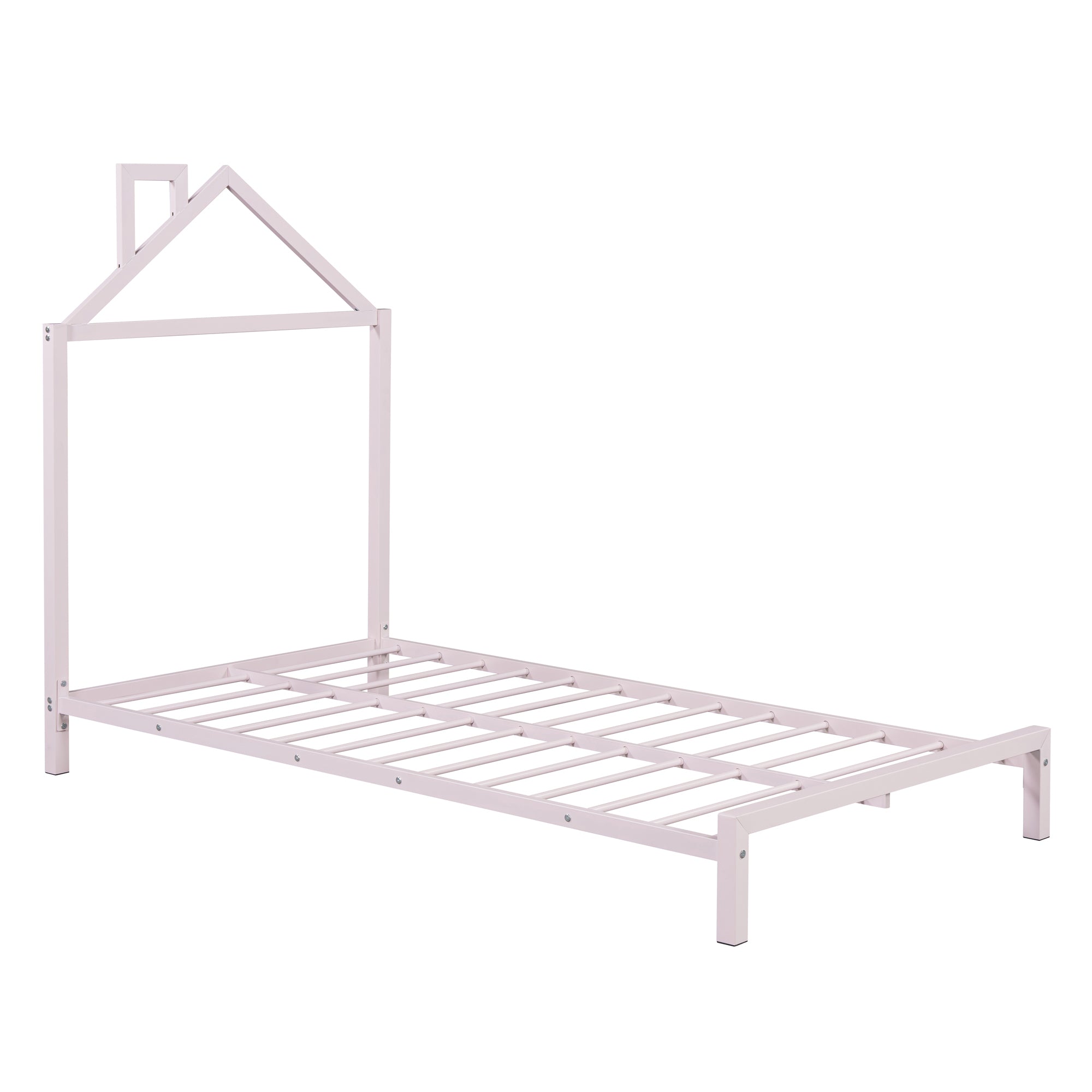 Twin Size Metal Platform Bed with House-Shaped Headboard Design, Pink - Atlantic Fine Furniture Melbourne FL