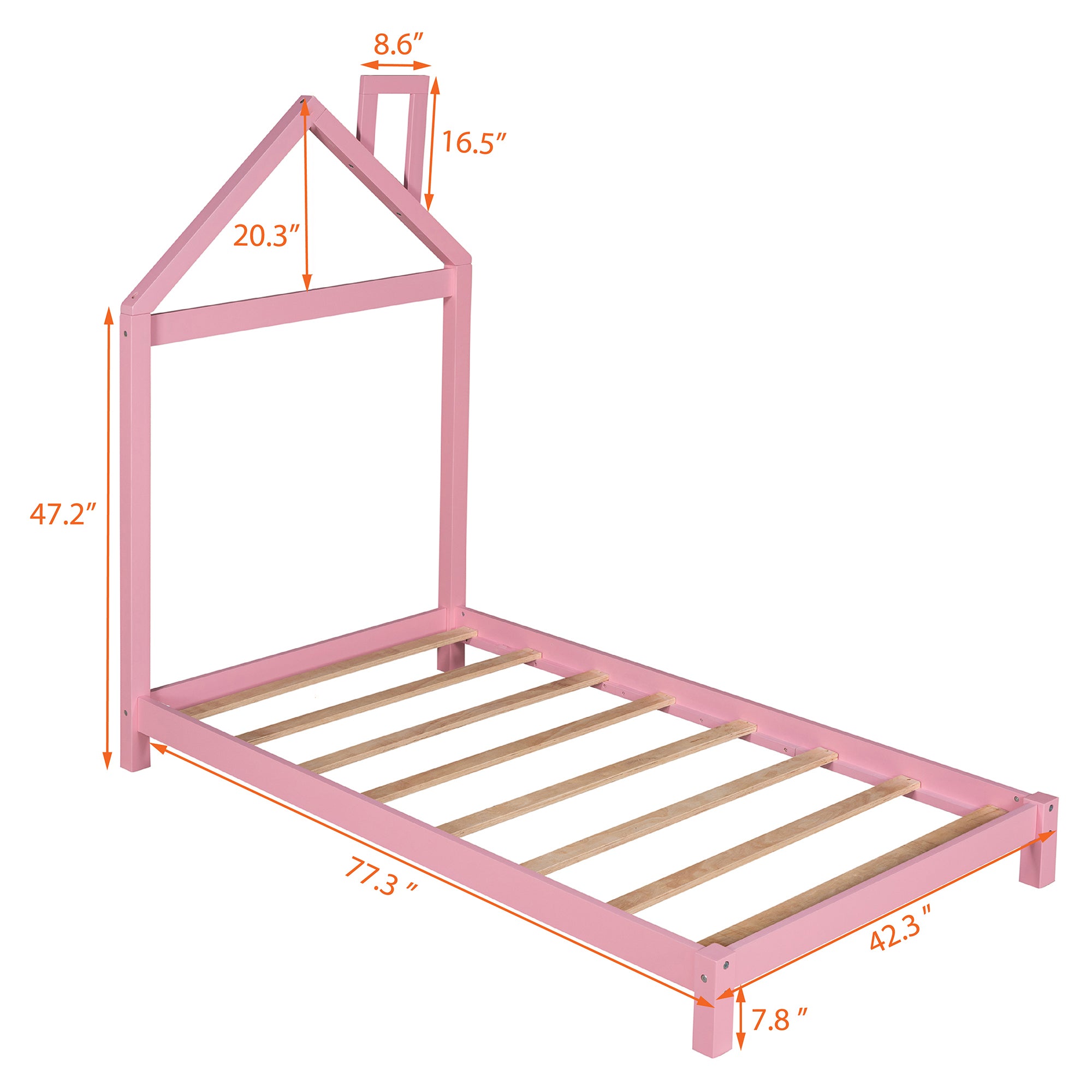 Twin Size Wood Platform Bed with House-shaped Headboard (Pink)
