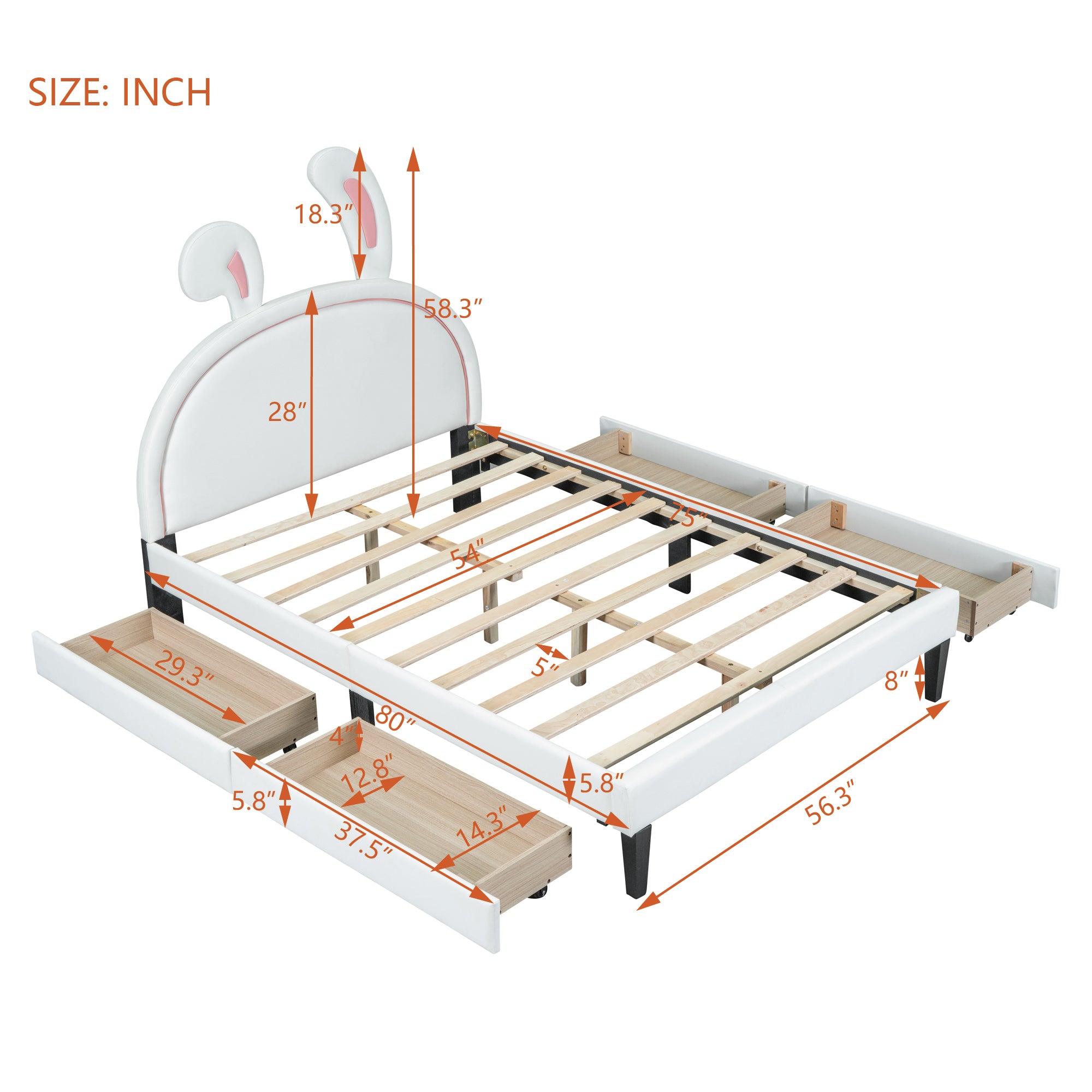 Full Size Upholstered Leather Platform Bed with Rabbit Ornament and 4 Drawers, White - Atlantic Fine Furniture Melbourne FL