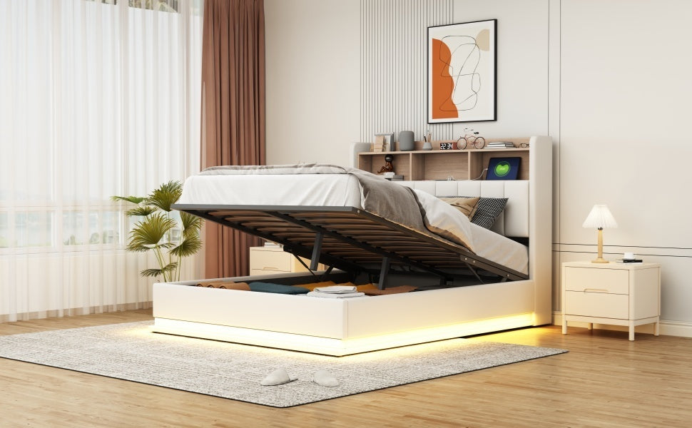 Queen Size Upholstered Platform Bed with Storage Headboard and Hydraulic Storage System, PU Storage Bed with LED Lights and USB charger, White - Atlantic Fine Furniture Melbourne FL