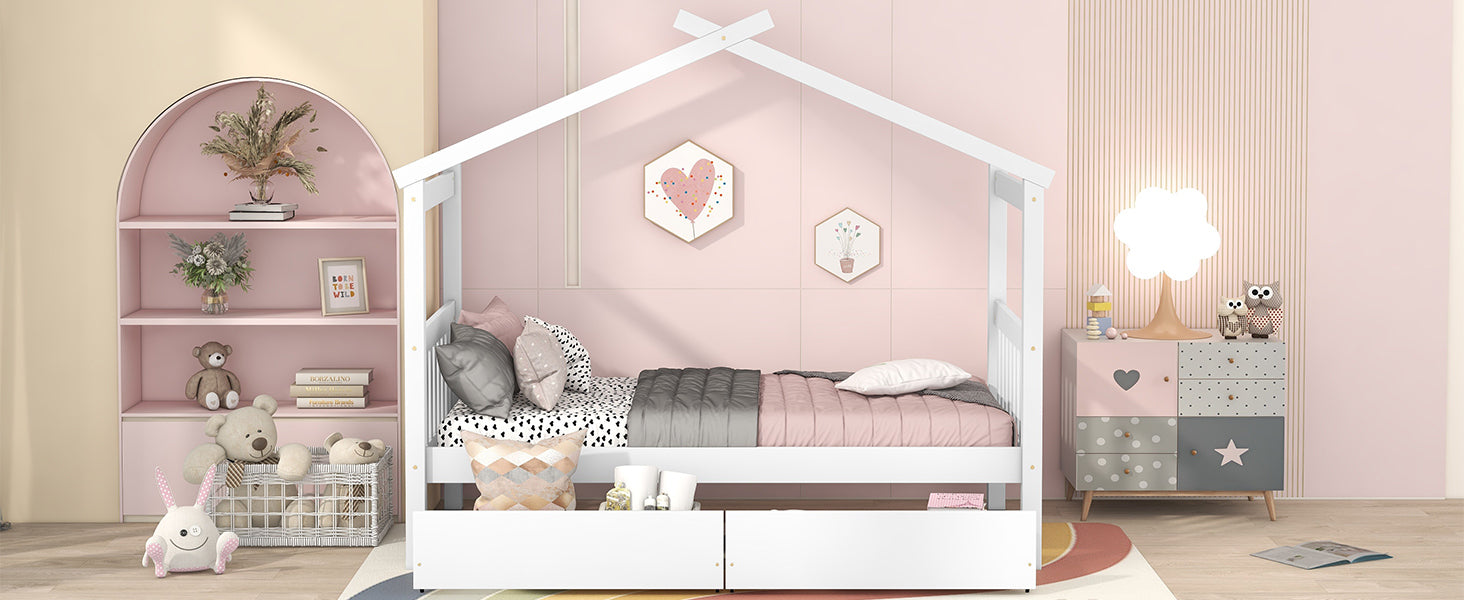 Twin Size Wooden House Bed with Drawers, White - Atlantic Fine Furniture Melbourne FL