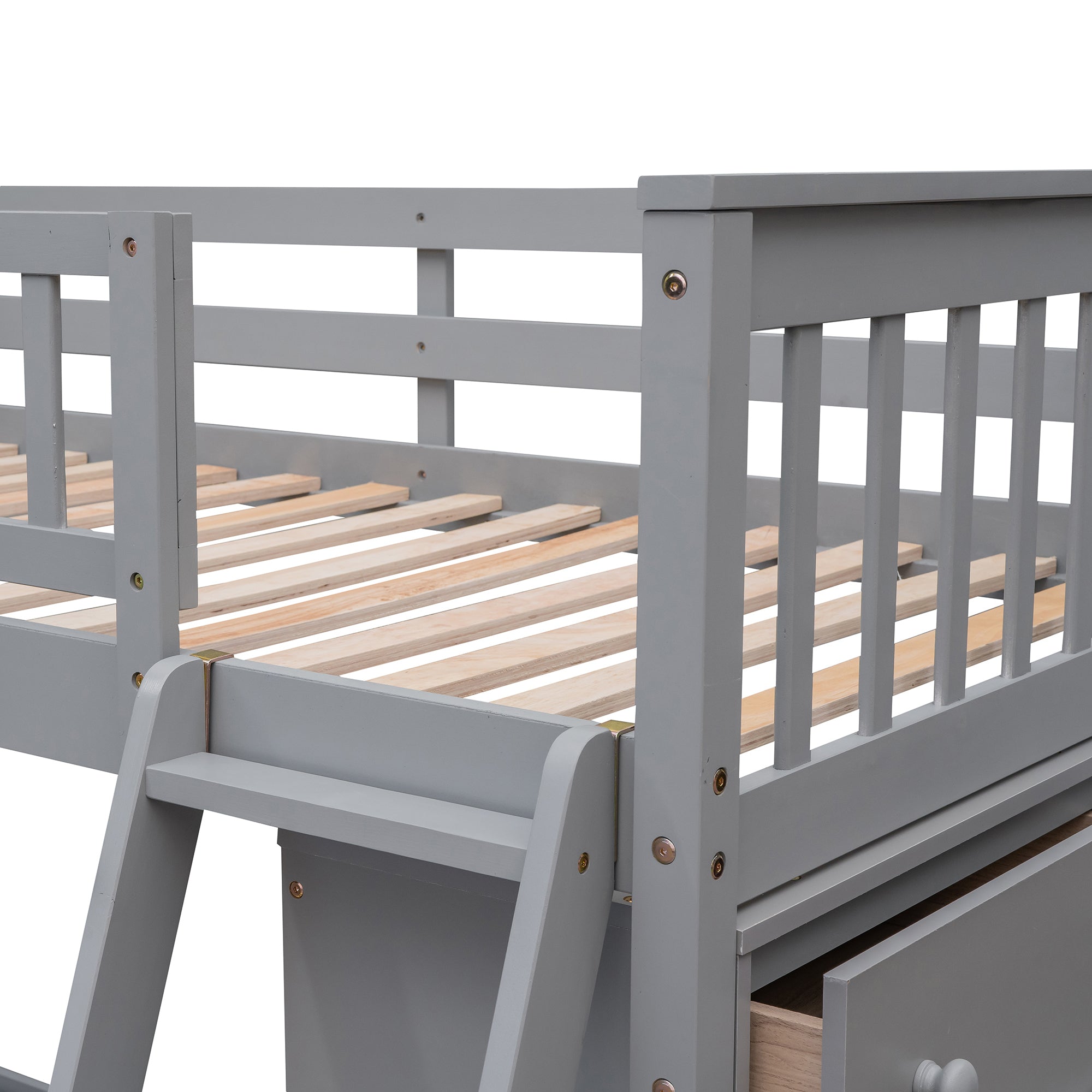 Wooden Twin Over Full Bunk Bed With Six Drawers And Flexible Shelves,Bottom Bed With Wheels,Gray(OLD SKU:LP000531AAE) - Atlantic Fine Furniture Melbourne FL
