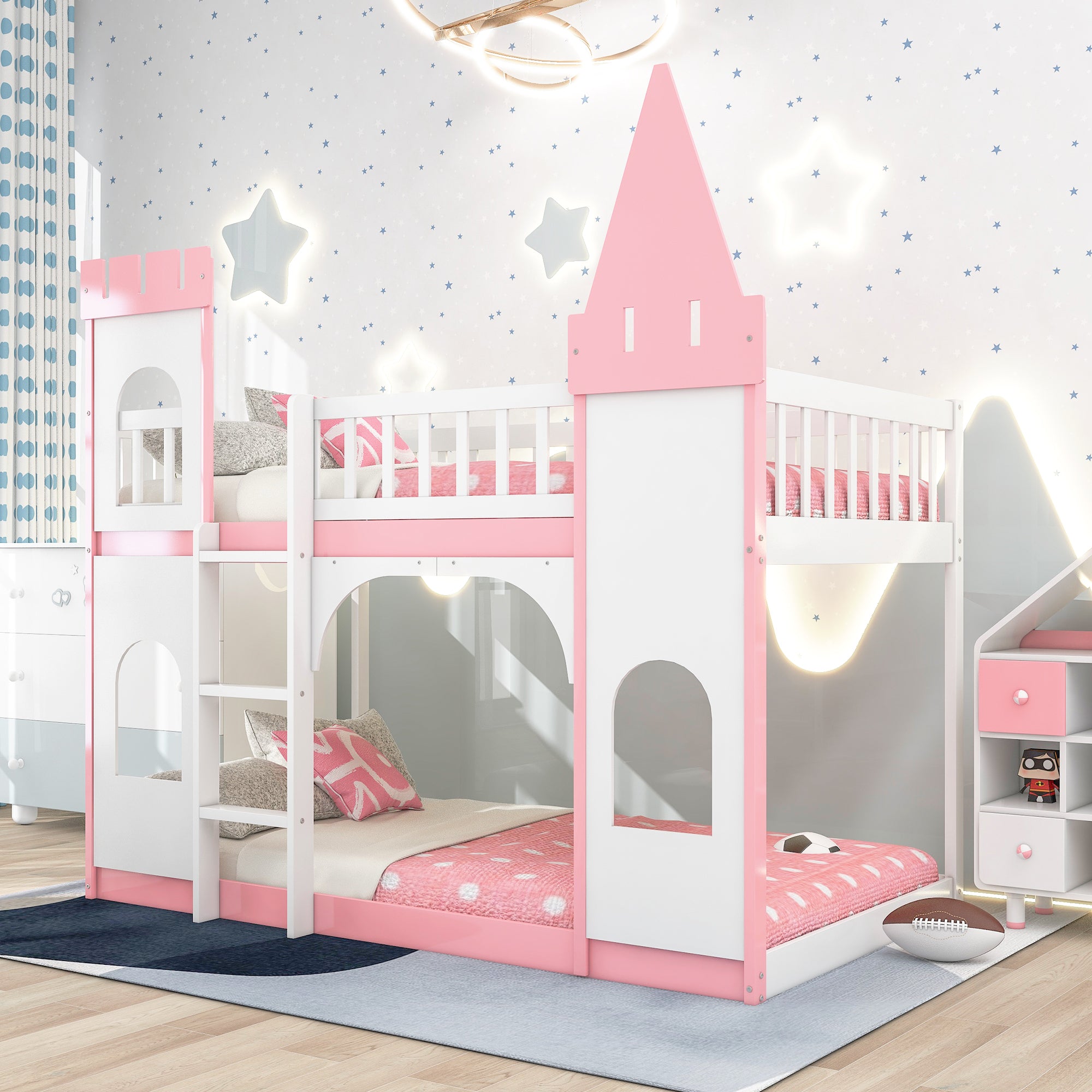 Twin Over Twin Castle Bunk Bed with Ladder - Pink - Atlantic Fine Furniture Melbourne FL