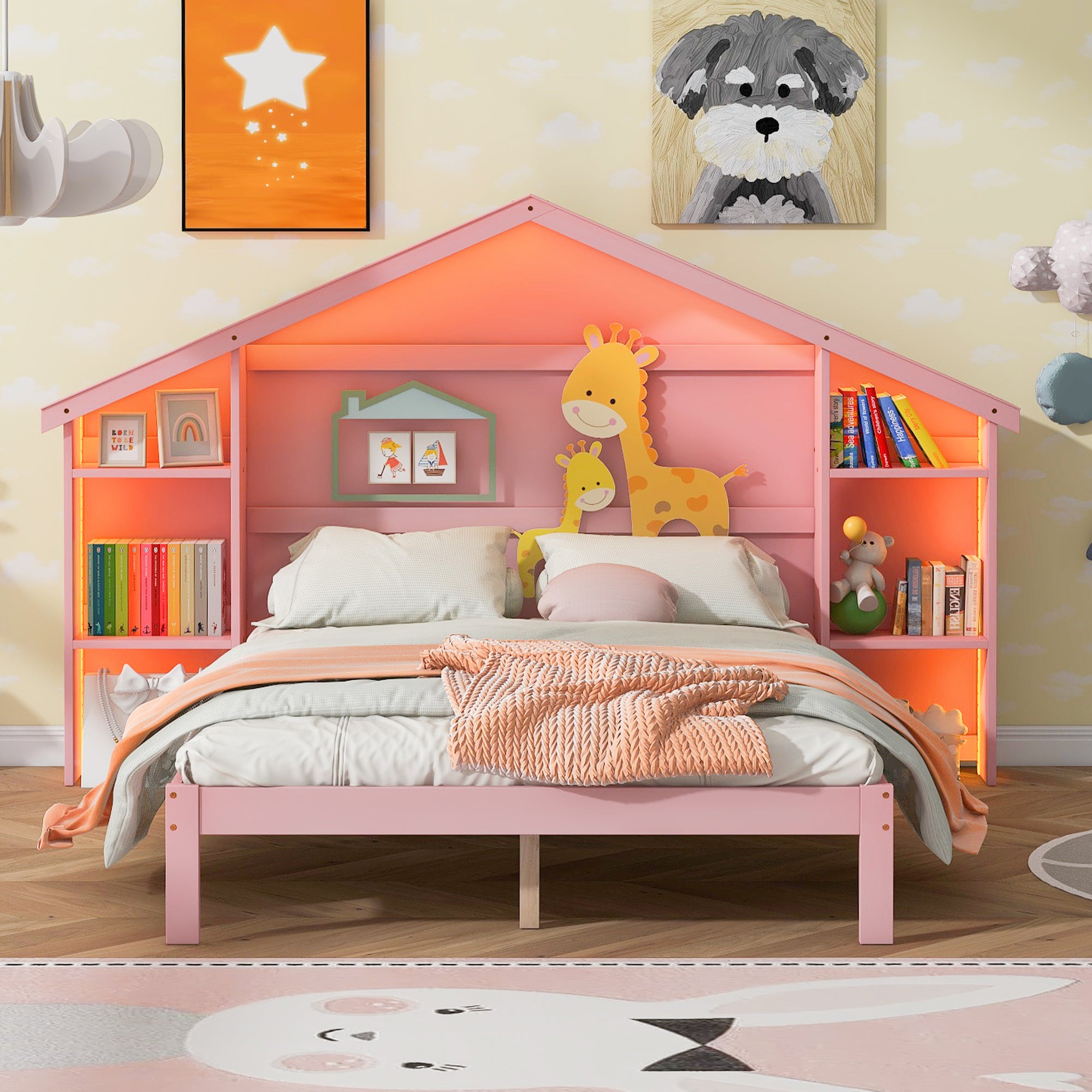 Wood Full Size Platform Bed with House-shaped Storage Headboard and Built-in LED, Pink - Atlantic Fine Furniture Melbourne FL