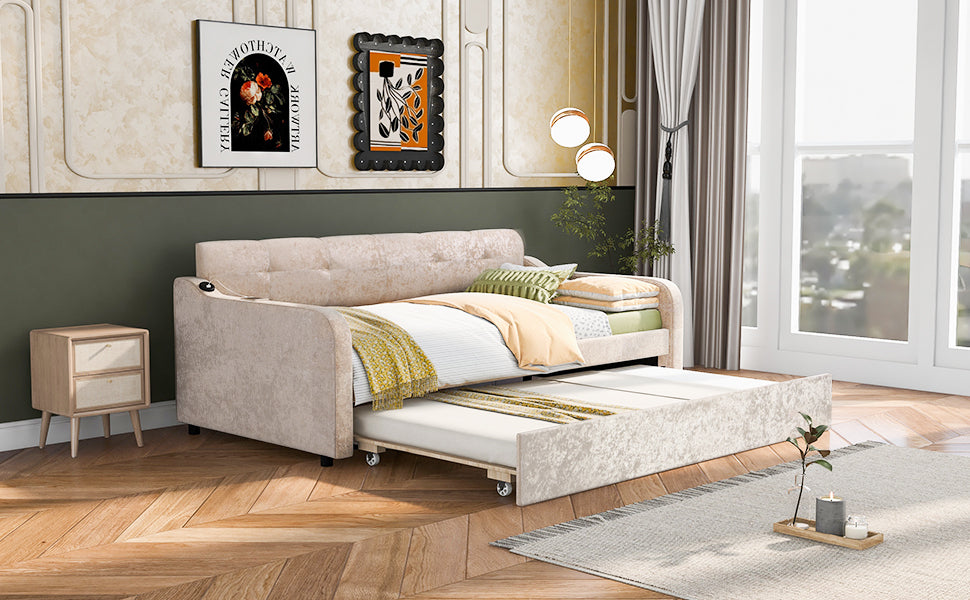 Twin Size Snowflake Velvet Daybed with Trundle and USB Charging Design,Beige - Atlantic Fine Furniture Melbourne FL