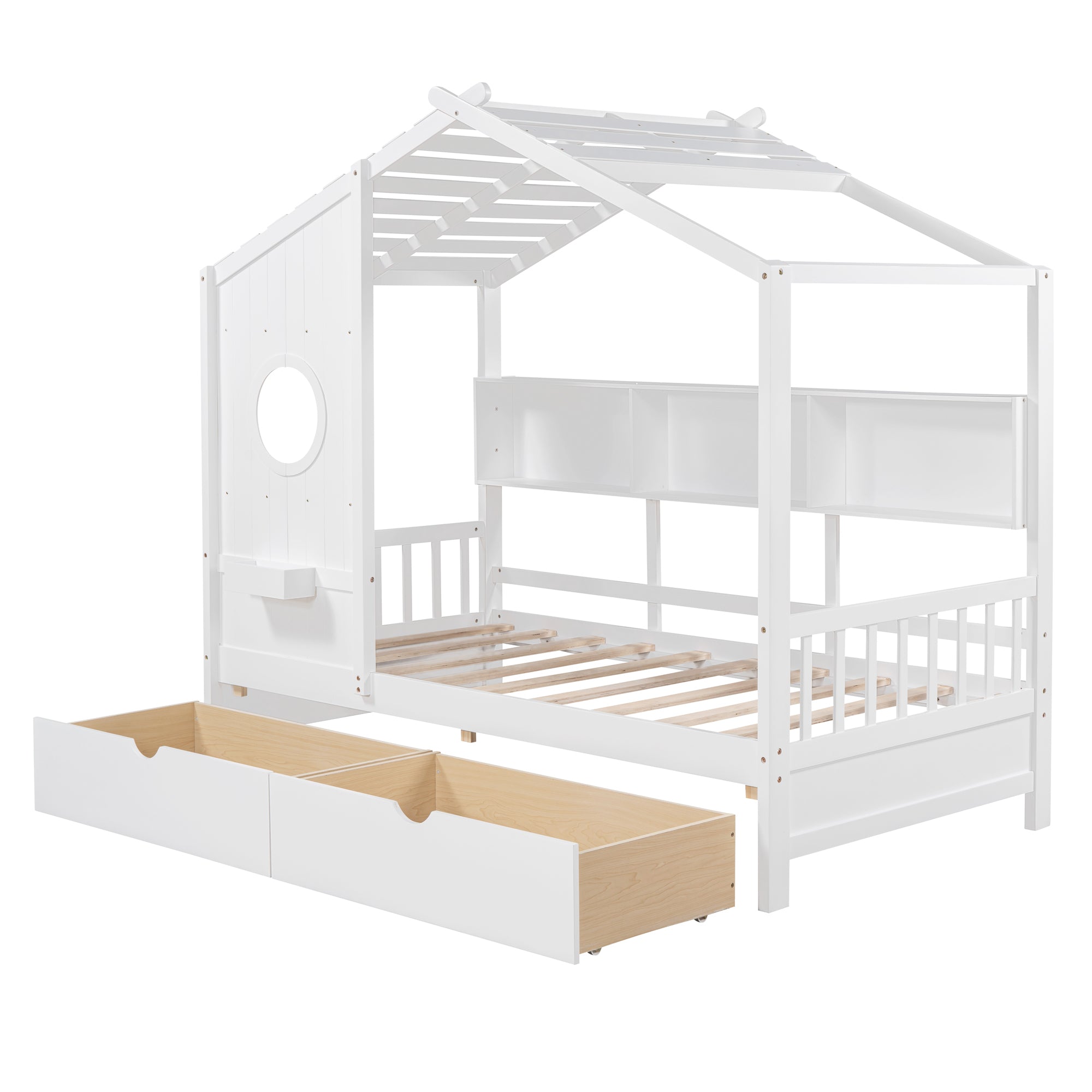 Wooden Twin Size House Bed with 2 Drawers,Kids Bed with Storage Shelf, White - Atlantic Fine Furniture Melbourne FL