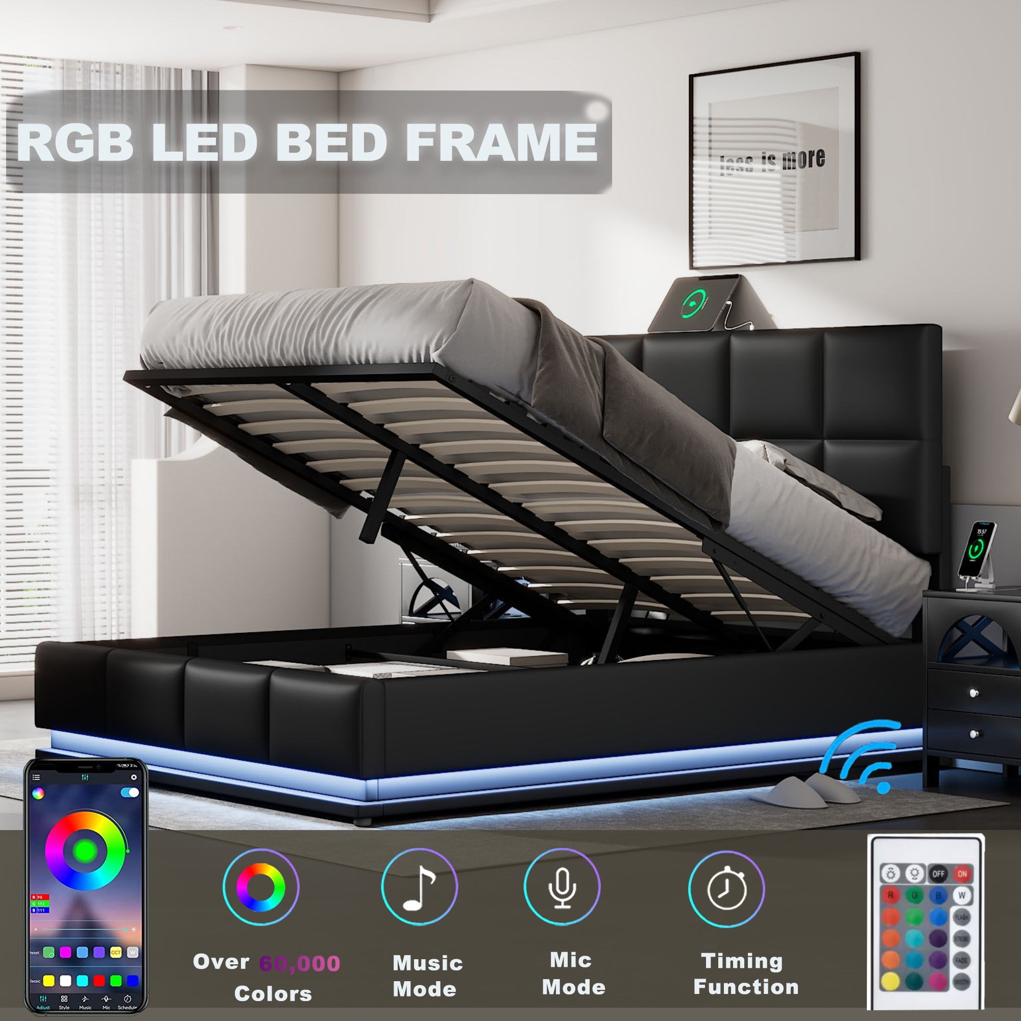 Full Size Tufted Upholstered Platform Bed with Hydraulic Storage System,PU Storage Bed with LED Lights and USB charger, Black - Atlantic Fine Furniture Melbourne FL