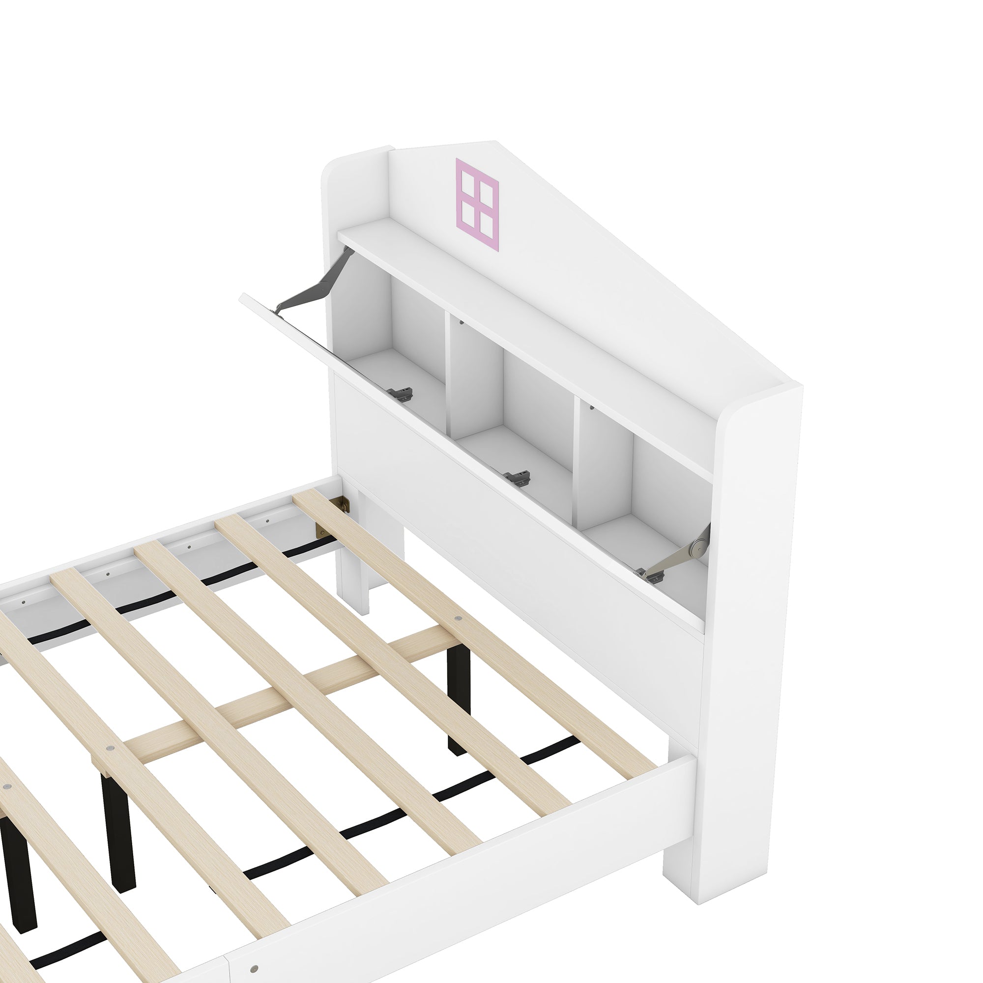 Wooden Twin Size House Bed with Storage Headboard ,Kids Bed with Storage Shelf, White - Atlantic Fine Furniture Melbourne FL