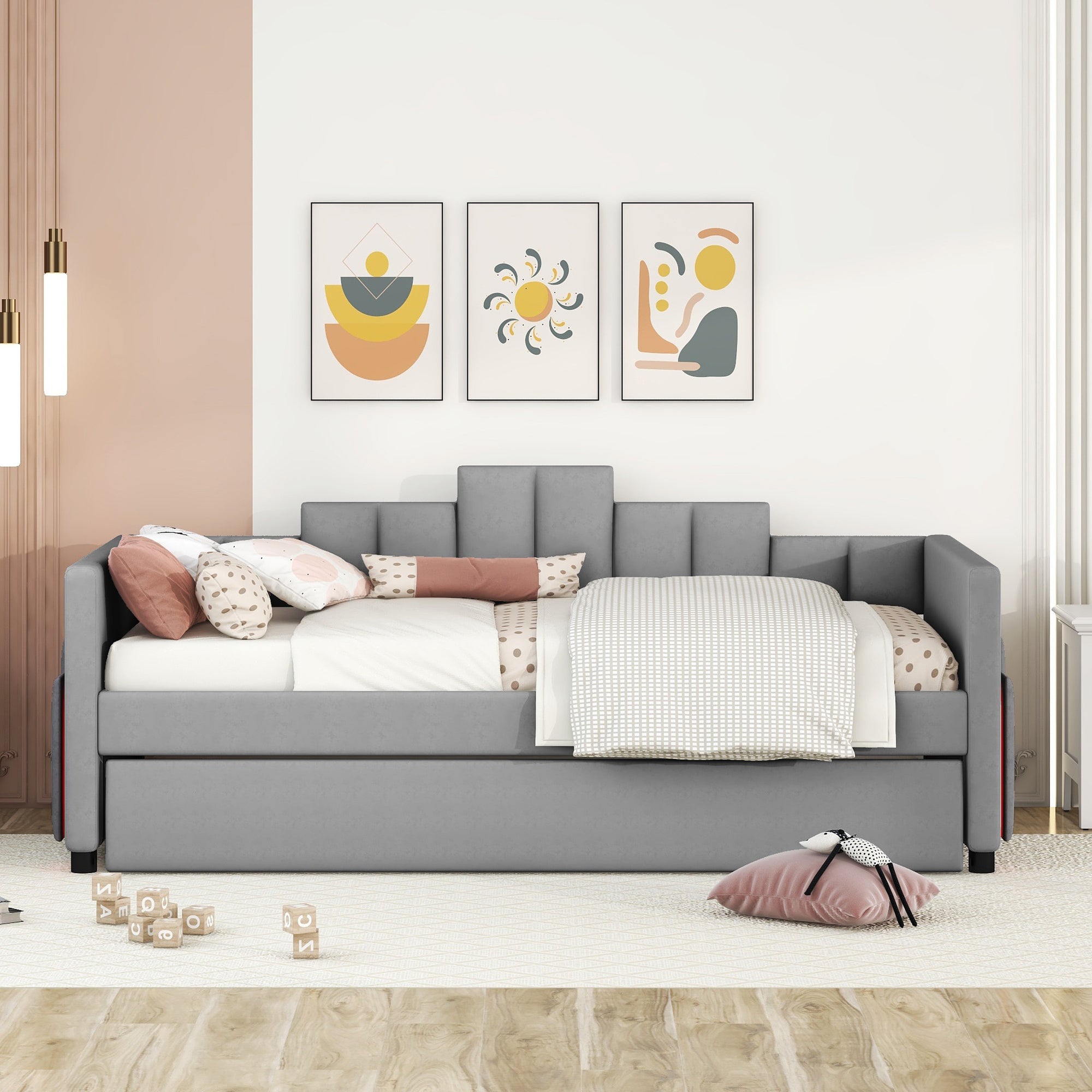 Twin Size Upholstered Daybed with Light and USB Port, Gray - Atlantic Fine Furniture Melbourne FL