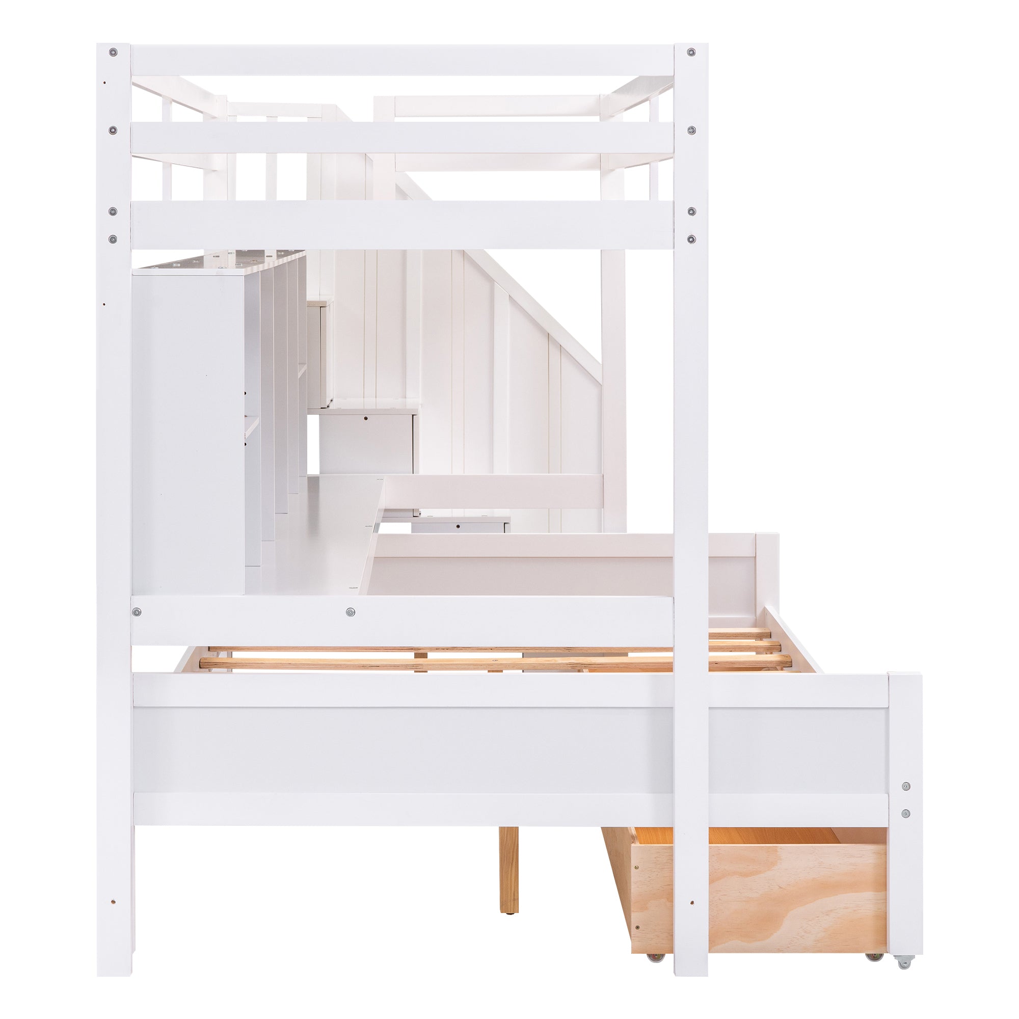 Twin XL over Full Bunk Bed with Built-in Storage Shelves, Drawers and Staircase,White - Atlantic Fine Furniture Melbourne FL
