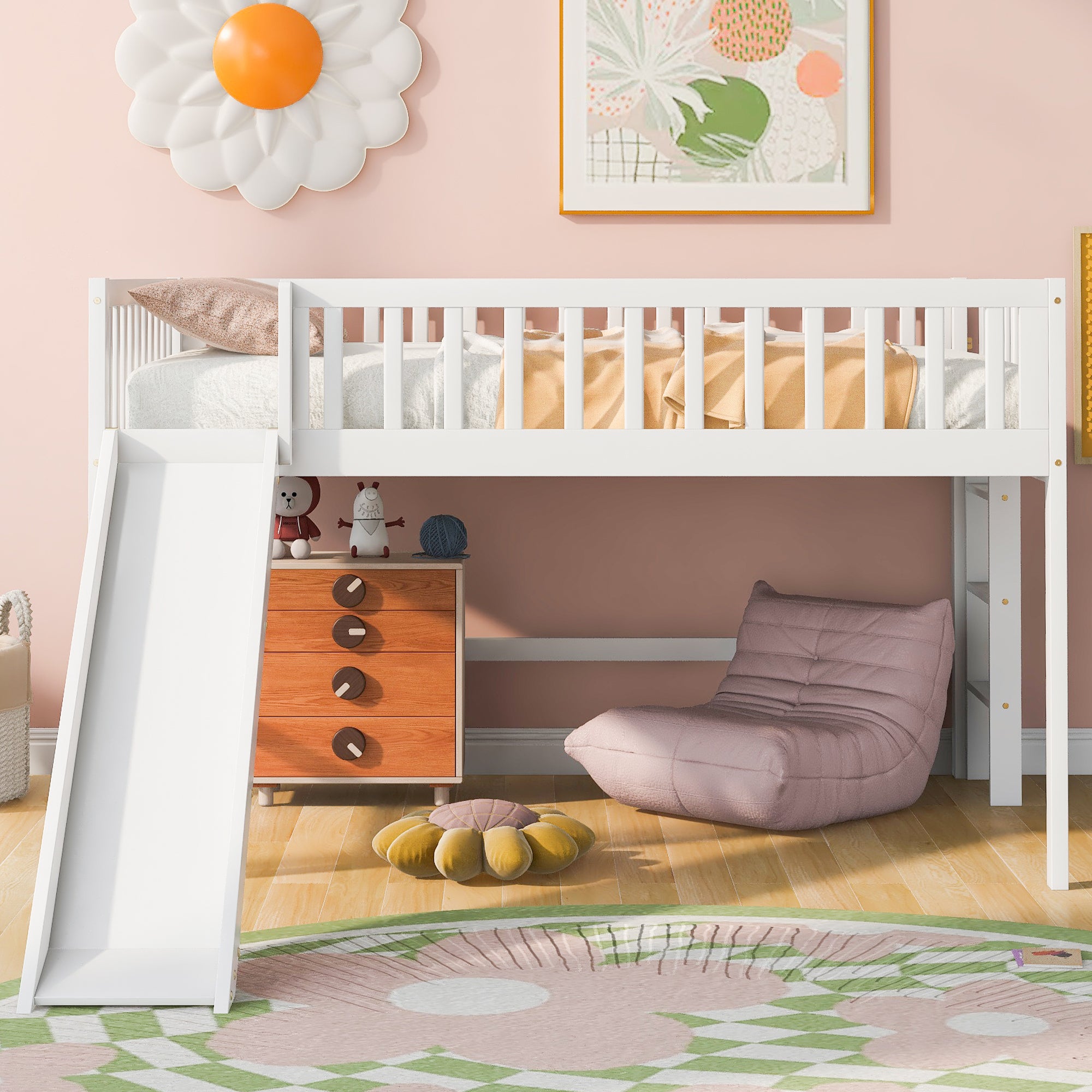 Full Size Low Loft Bed with Ladder and Slide,White - Atlantic Fine Furniture Melbourne FL