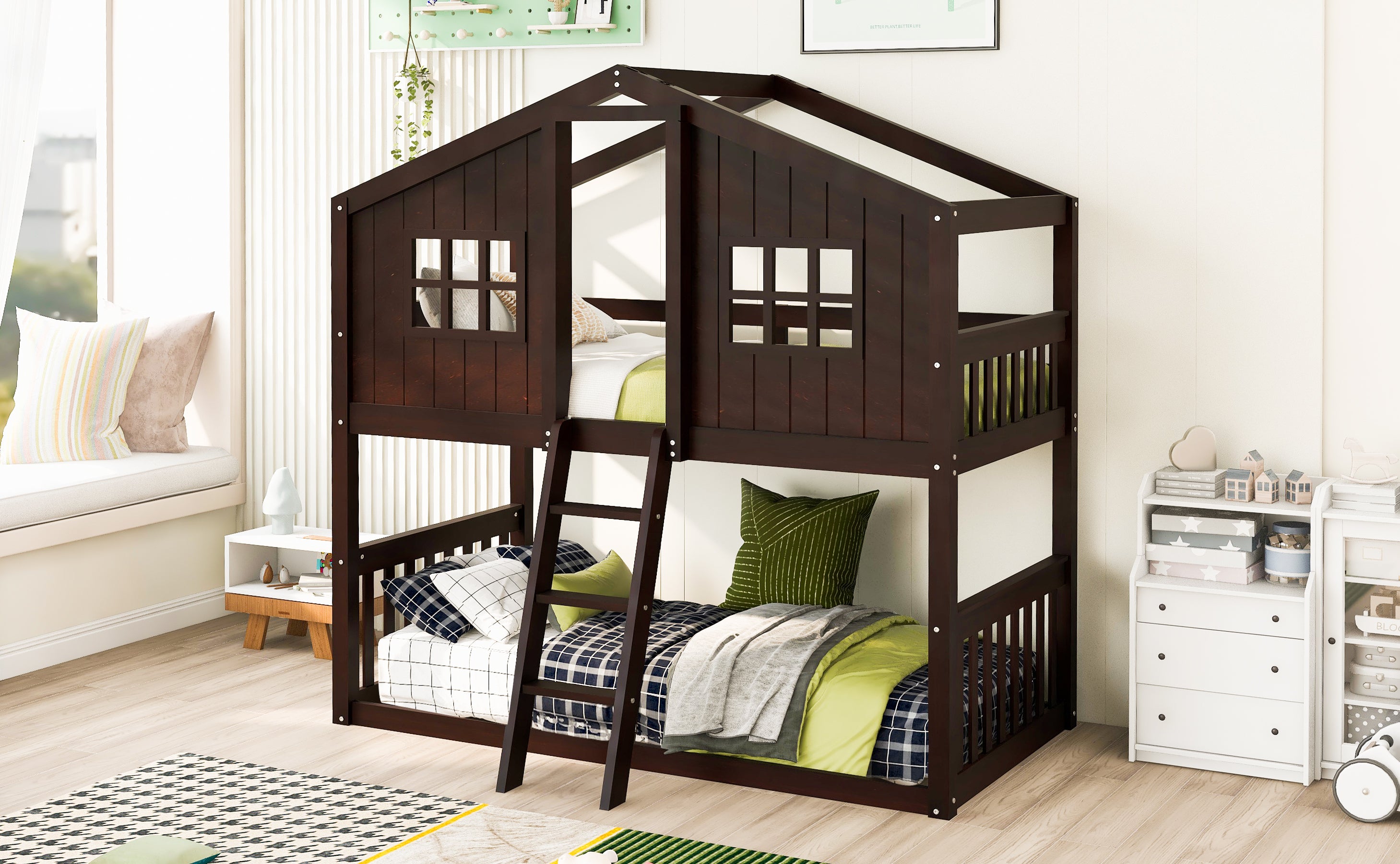 Twin Over Twin House Bunk Bed With Ladder, Wood Bed-Espresso - Atlantic Fine Furniture Melbourne FL