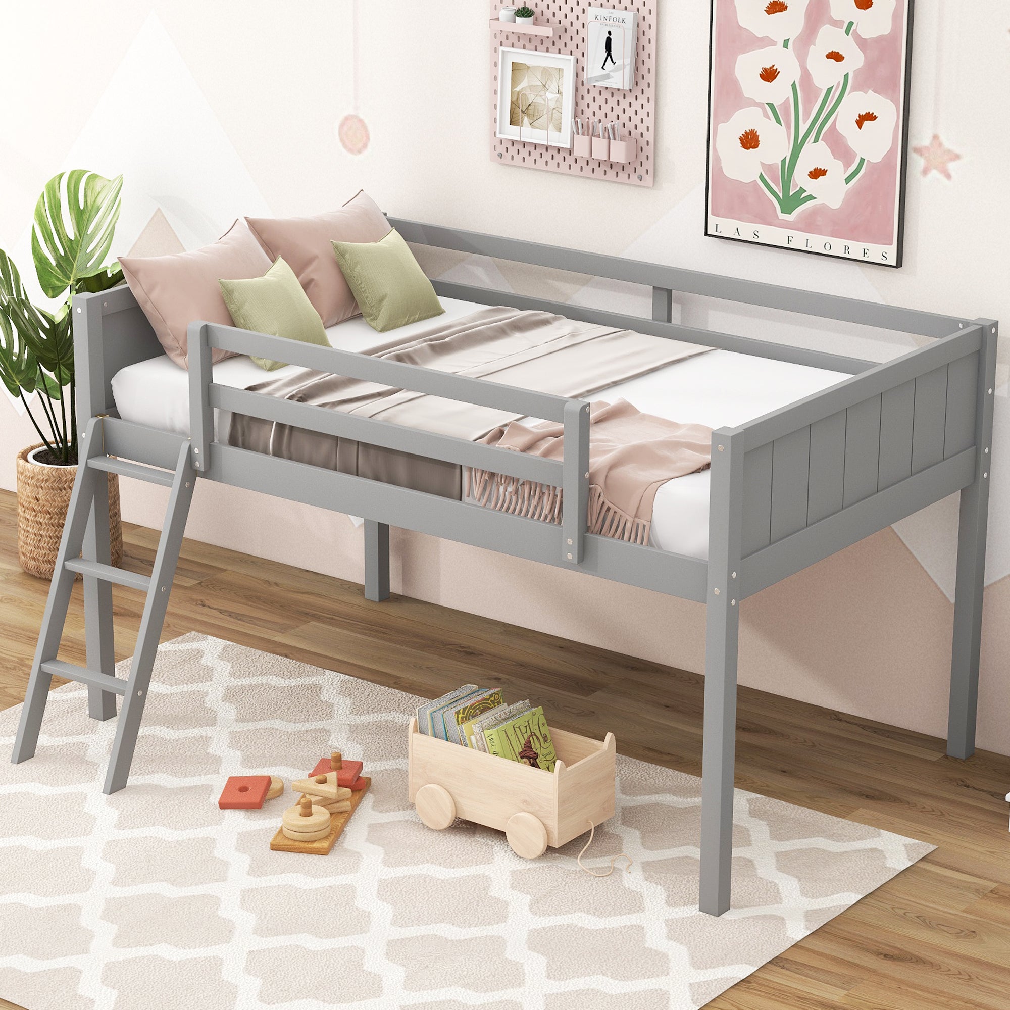Twin Size Wood Loft Bed with Ladder, ladder can be placed on the left or right, Gray - Atlantic Fine Furniture Melbourne FL