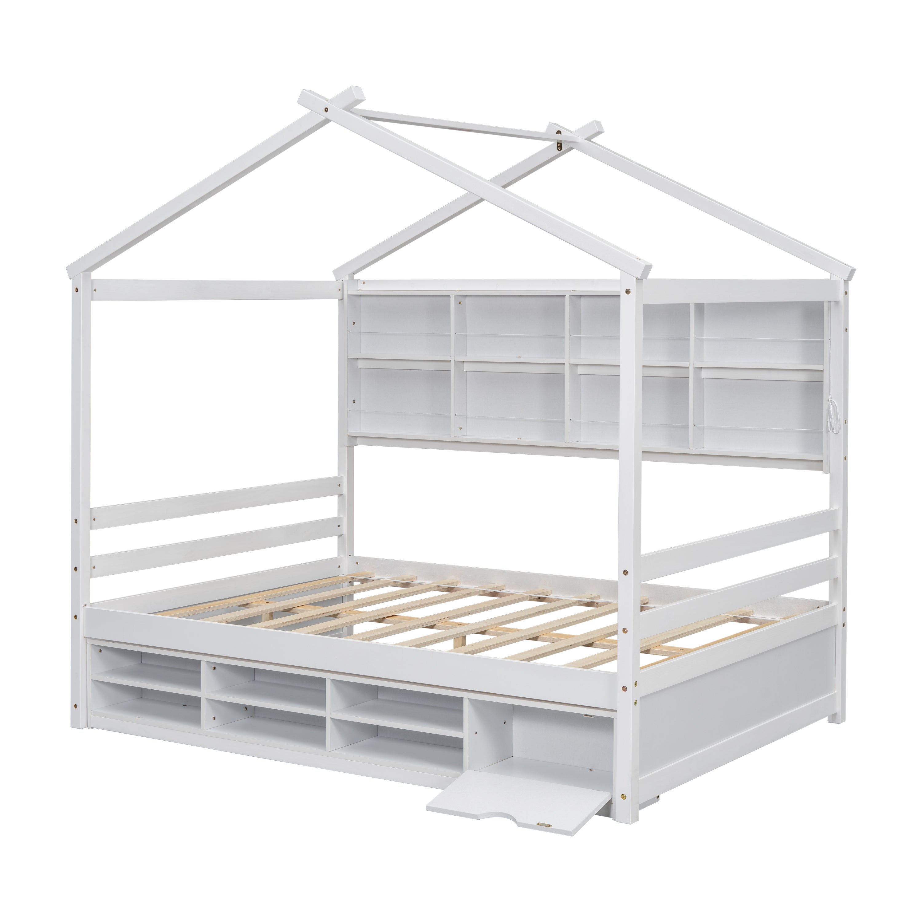 Full House Bed with Roof Frame, Bedside-shelves, Under Bed Storage Unit,White - Atlantic Fine Furniture Melbourne FL