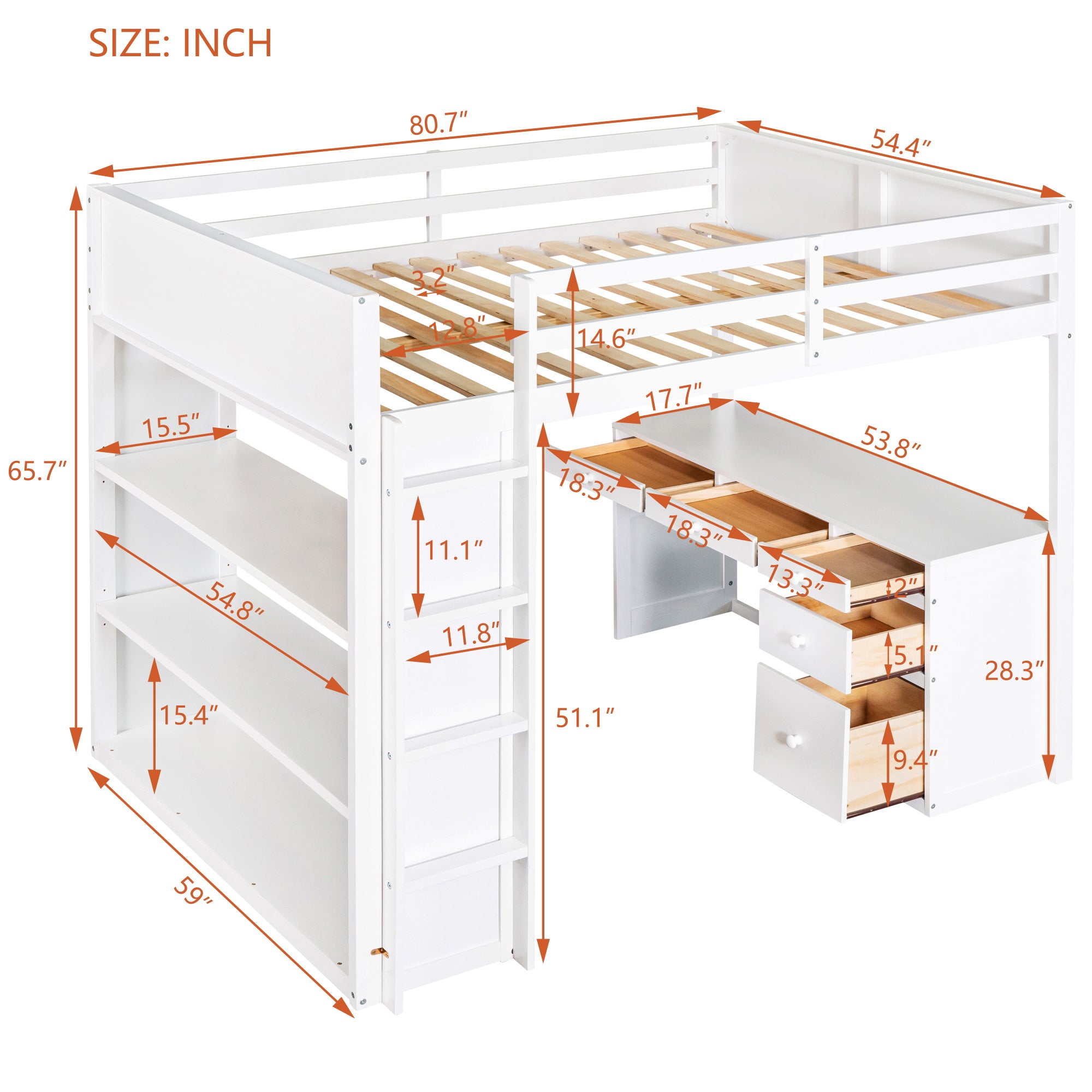 Full Size Loft Bed with Ladder, Shelves, and Desk, White - Atlantic Fine Furniture Melbourne FL