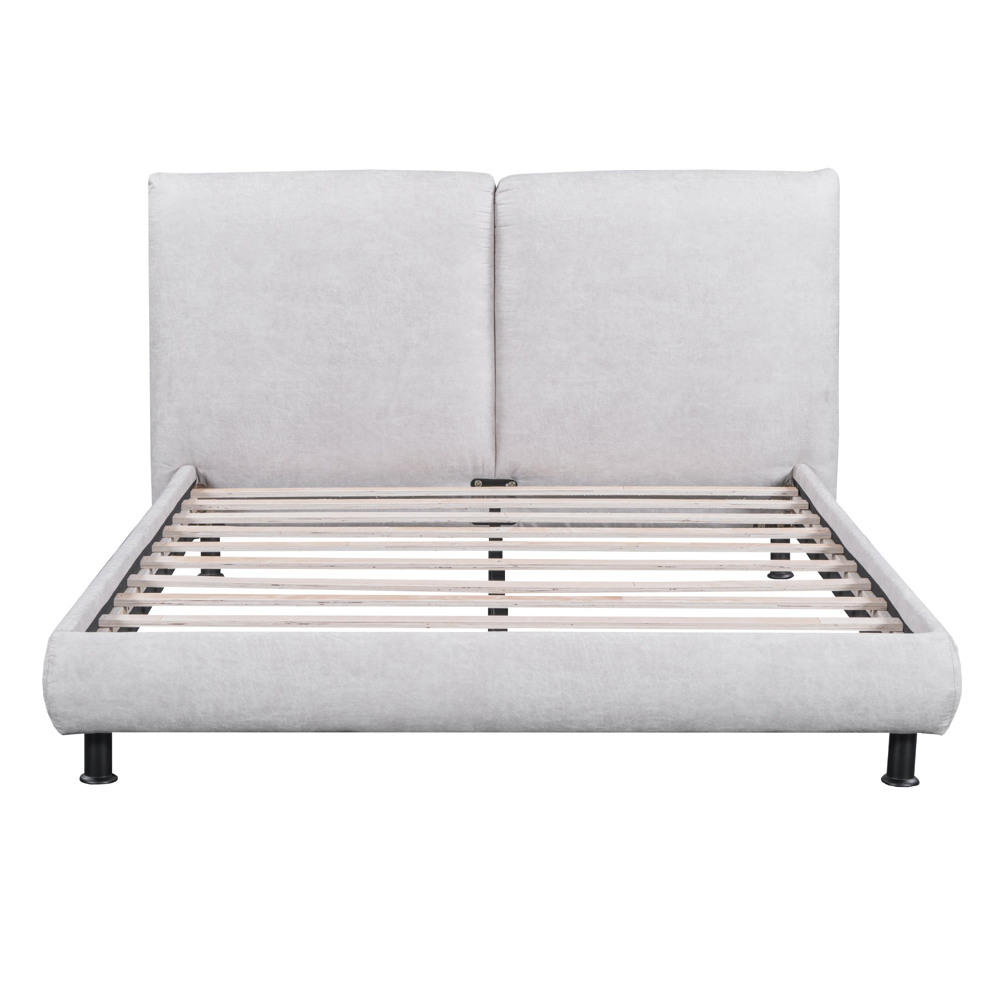 Queen Size Upholstered Platform Bed with Two Large Headrests and Thick Fabric, Polyester, Beige - Atlantic Fine Furniture Melbourne FL