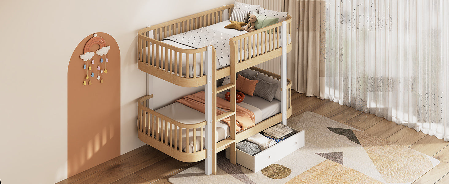 Wood Twin over Twin Bunk Bed with Fence Guardrail and a Big Drawer, Natural White - Atlantic Fine Furniture Melbourne FL